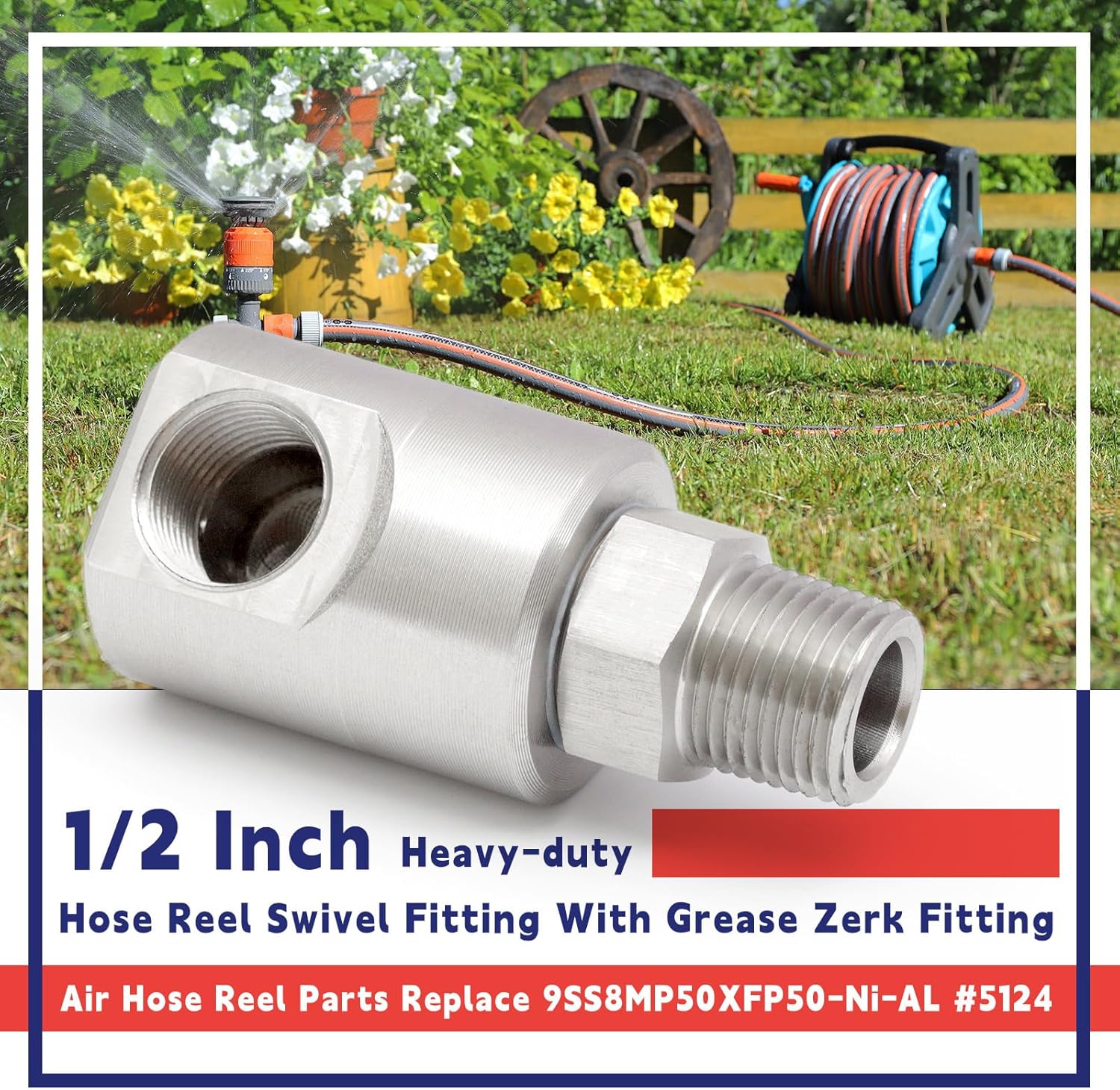 Hose Reel Swivel, ½ Inch MXF Heavy Duty Hose Reel Swivel Fitting for Industrial and Home Garden Steel Swivel Joint Air Hose Reel Parts Replace 9SS8MP50XFP50-Ni-AL #5124