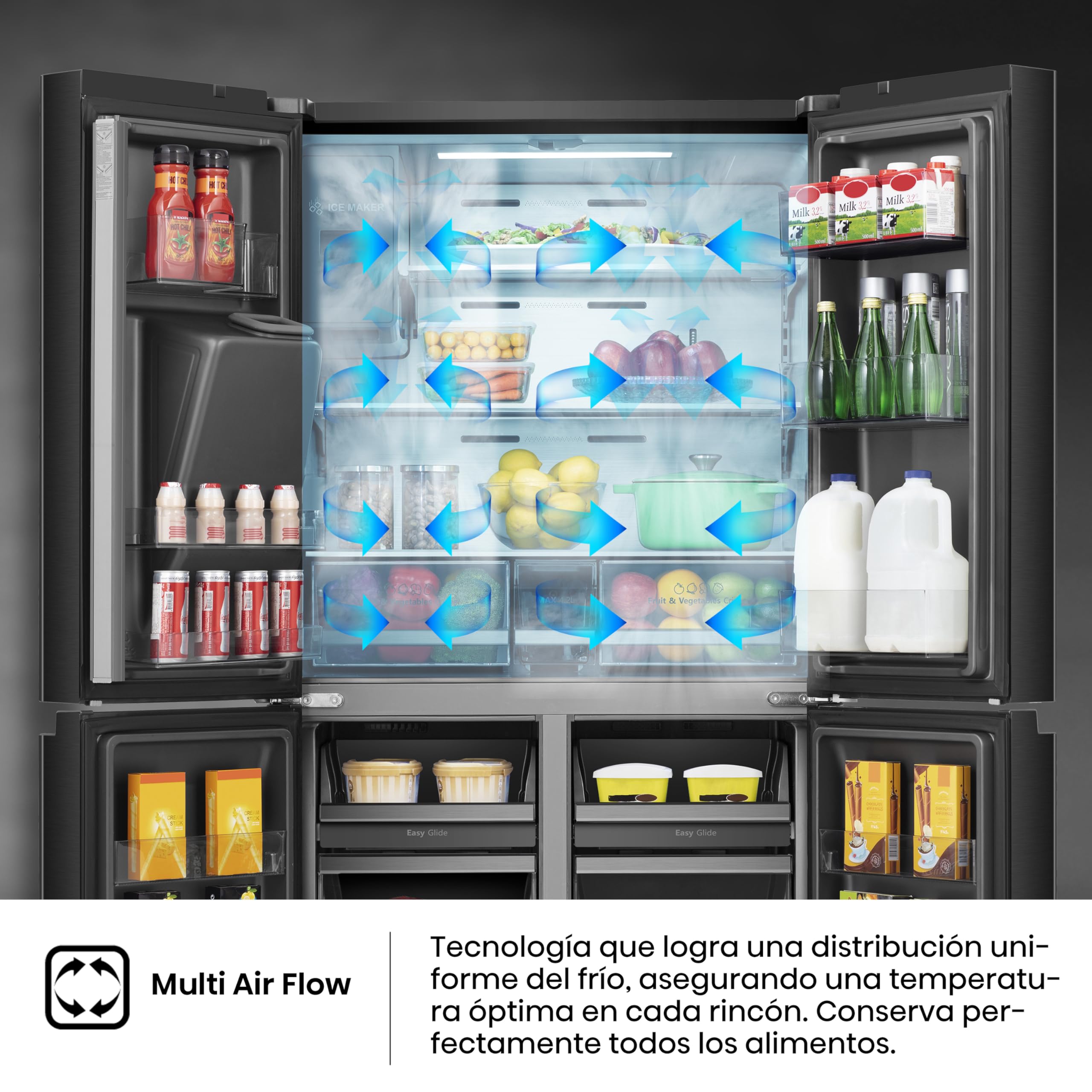 Hisense RQ760N4IFE Cross Door Puerta Americana con dispensador, Total NoFrost, Smart Connectivity con Pantalla & WiFi, MultiFlow,Metal Tech Cooling, E, Negro