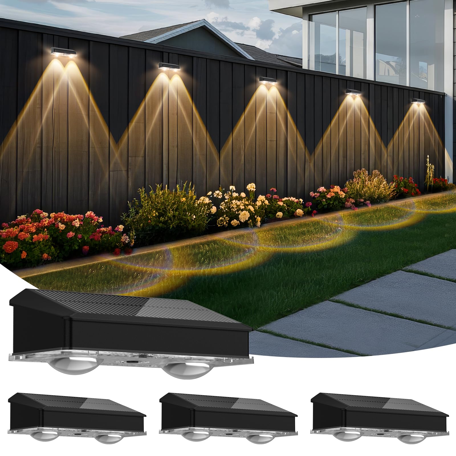 YIFMOO Solarlampen für Außen, 4 Stück Wasserdicht Solar Wandleuchte Aussen, Solarleuchten für Außen Garten mit 4 Modus-Warmweiß/Kaltweiß/2 RGB Modi, LED Gartenleuchten für Terrasse Wand Treppen Zäune