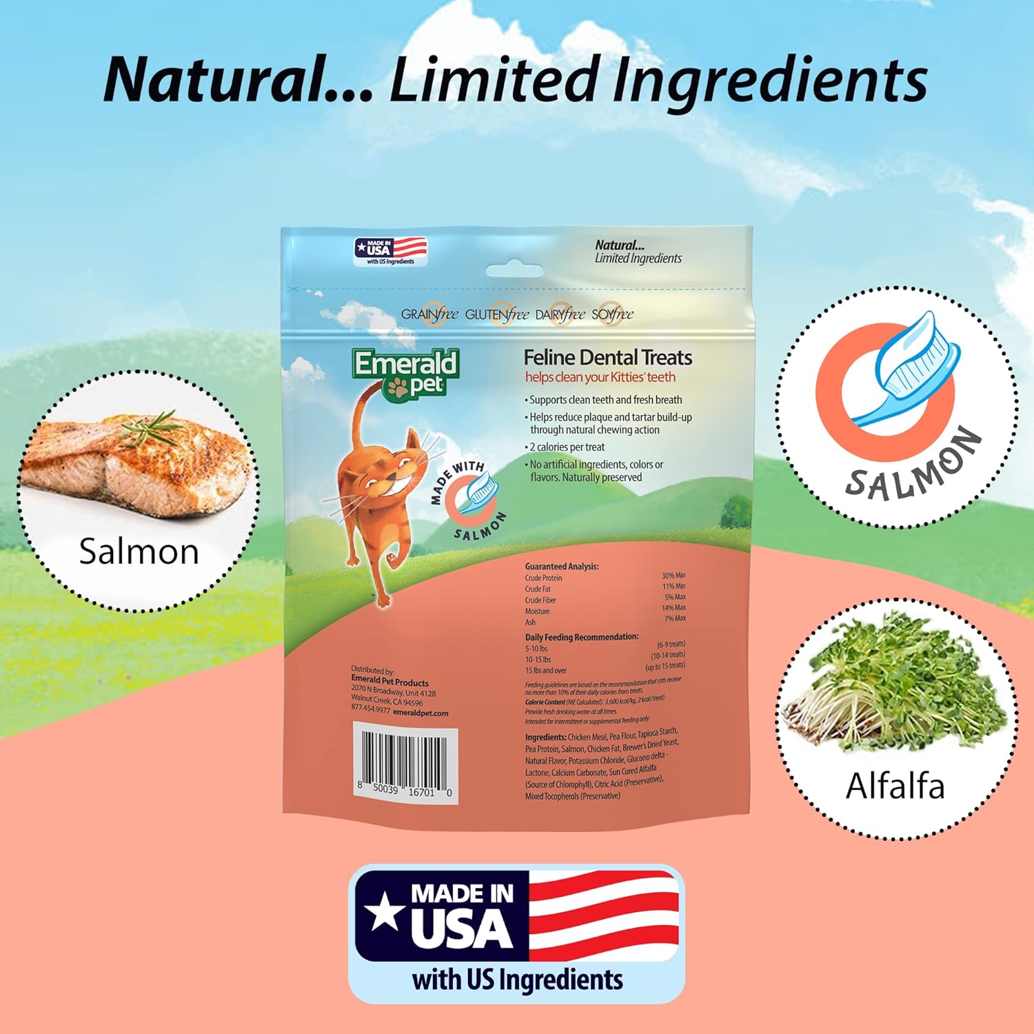 Emerald Pet Feline Dental Treats for Cats – Grain-Free Crunchy Cat Treats to Clean Teeth & Freshen Breath – Helps Reduce Plaque & Tartar – Natural Salmon Flavor, 32 oz Bag