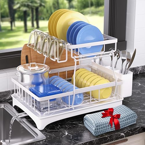 Godboat Dish Drying Rack, 2-Tier Dish Rack with Auto-Drain & Mat, Dish Racks for Kitchen Counter, Dish Drainer with Knife, Fork & Cup Rack, Gifts for Women, Mothers Day, Kitchen Gadgets, White