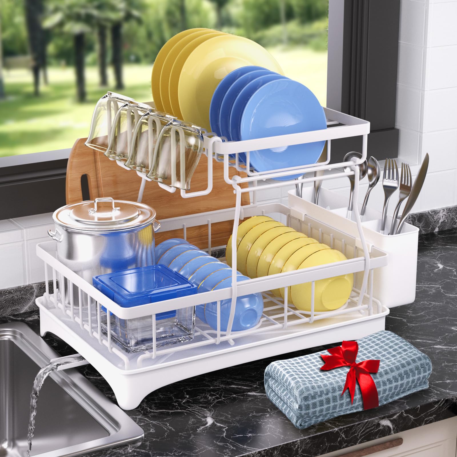 Godboat Égouttoir à vaisselle à 2 niveaux avec drainage automatique et tapis, égouttoir à vaisselle pour comptoir de cuisine, égouttoir à vaisselle avec couteau, fourchette et porte-gobelets, cadeaux