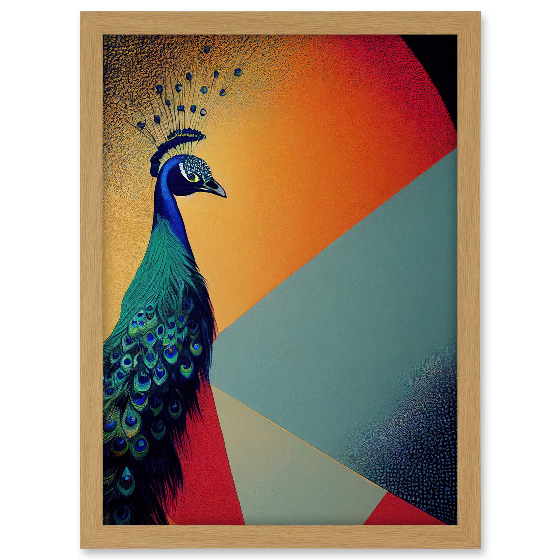 Wee Blue Coo Modern Peacock Portrait in Colourful Abstract Vibrant Orange Artwork Framed A3 Wall Art Print