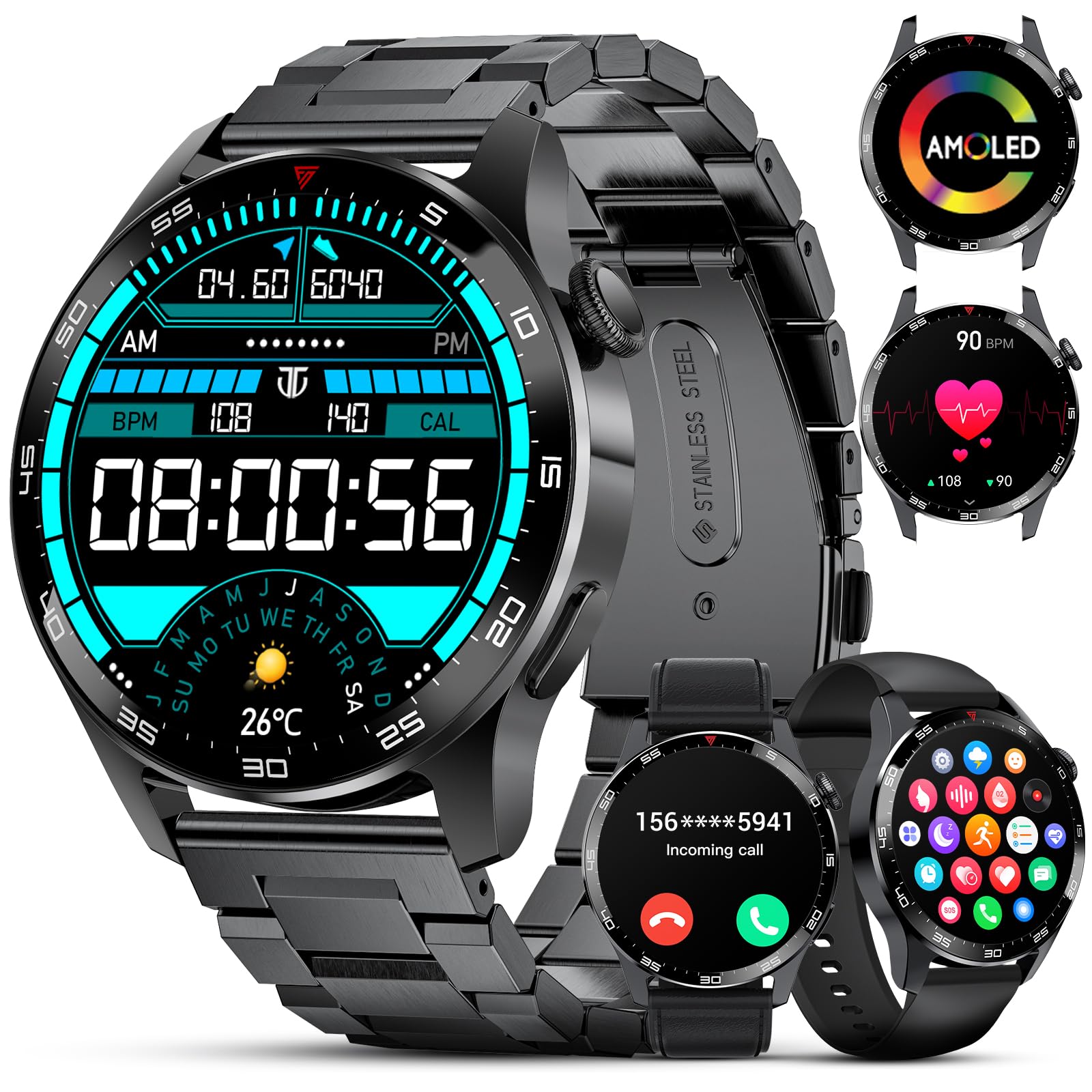 FOXBOX Montre Connectée Homme 1.43'' AMOLED - Smartwatch Fitness 100+ Sports, Bluetooth, Fréquence Cardiaque, Noir