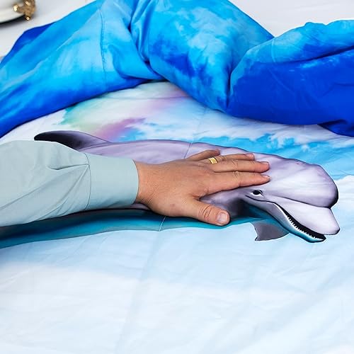 Miniatura 7 de Juego de edredón de delfines para niños, tamaño Queen, juego de edredón de dibujos animados blancos y azules para niñas y niños, juego de edredón