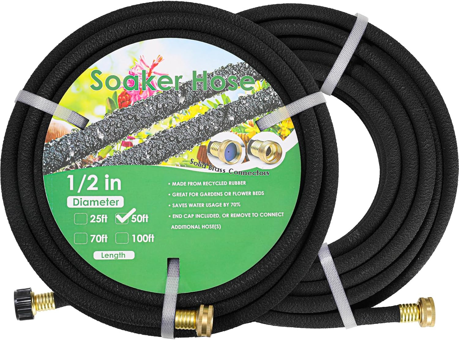 MAMIZO Soaker Hose 50 ft 1/2", Solid Brass Connectors Rubber Longer Lasting, Heavy Duty Drip Hose to Save 70% Water, Soaker Hose for Garden, Lawn and Yard (1/2" 50ft)