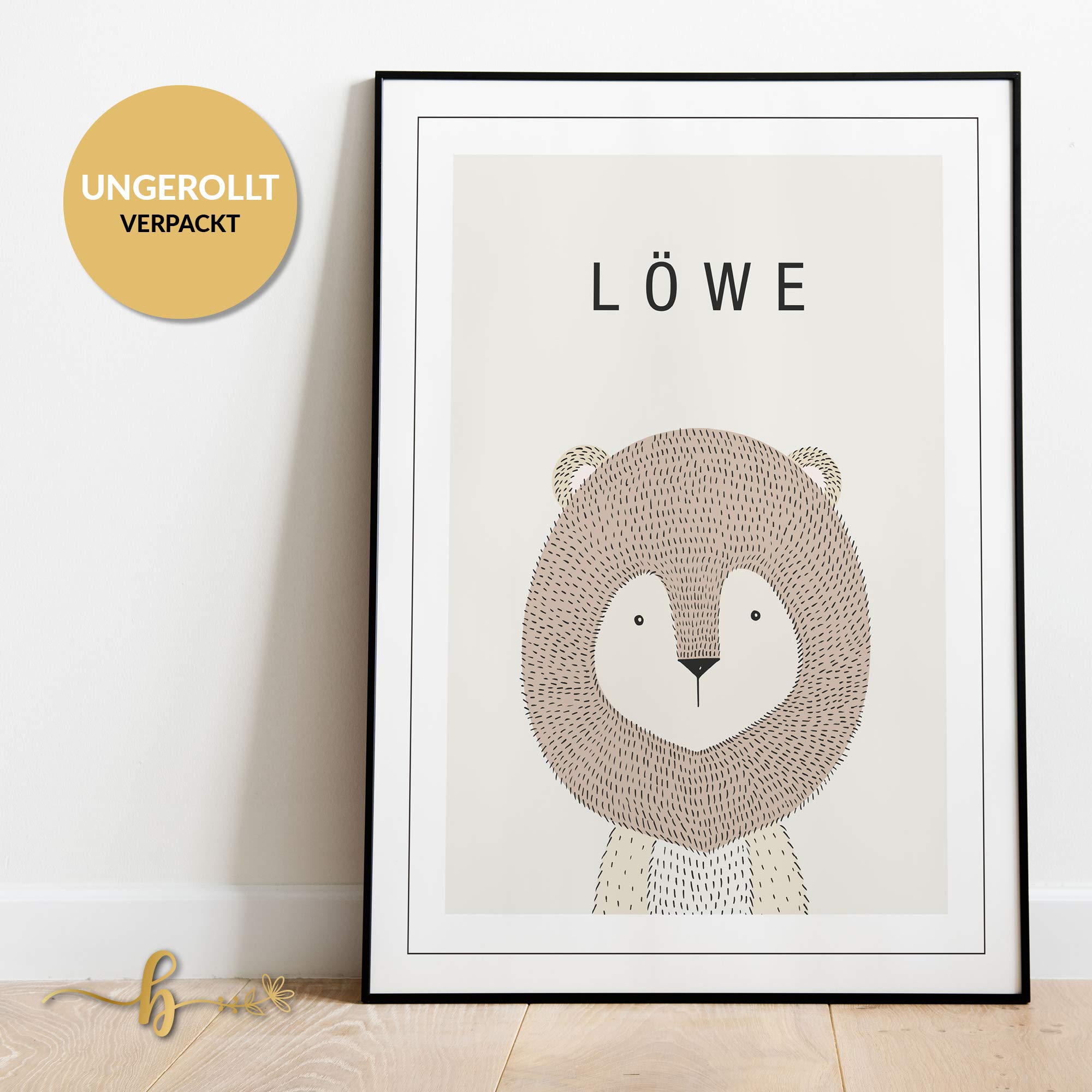 bilderreich Juego de 4 pósteres decorativos para habitación de bebé, niño o niña, cuadro infantil para la pared, 4 imágenes enmarcadas en marco de madera negro, 4 x DIN A4, animales