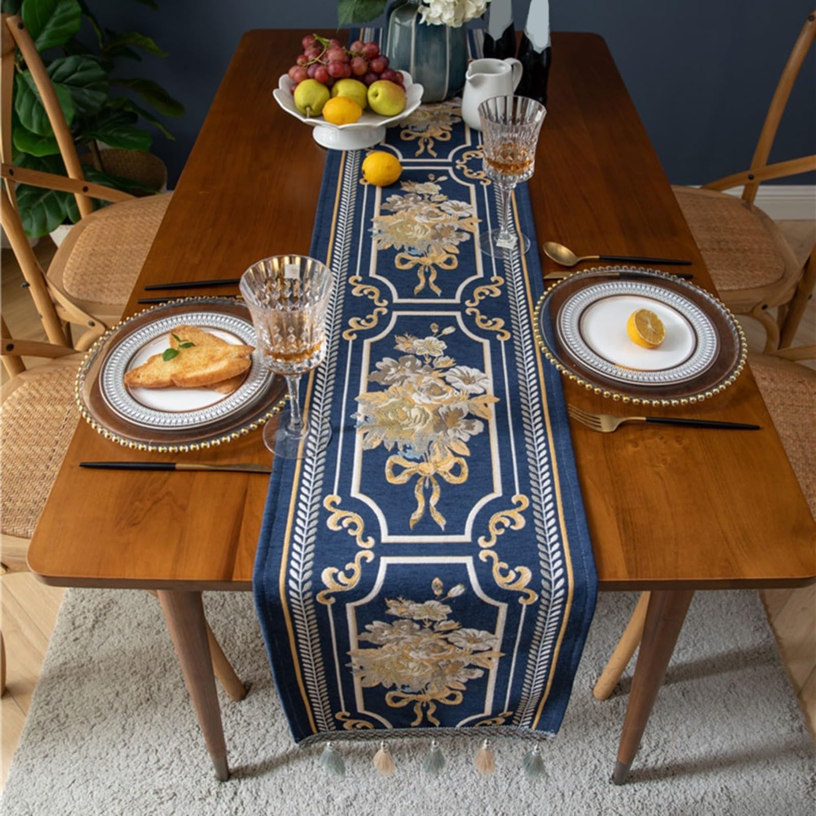 Tischläufer Chenille 32 Cm – Luxuriöser Dekoläufer Mit Jacquard-Blumenmuster & Quasten, Für Esstisch, Sideboard & TV-Board, Knitterfrei, Pflegeleicht, Blau(32x300)