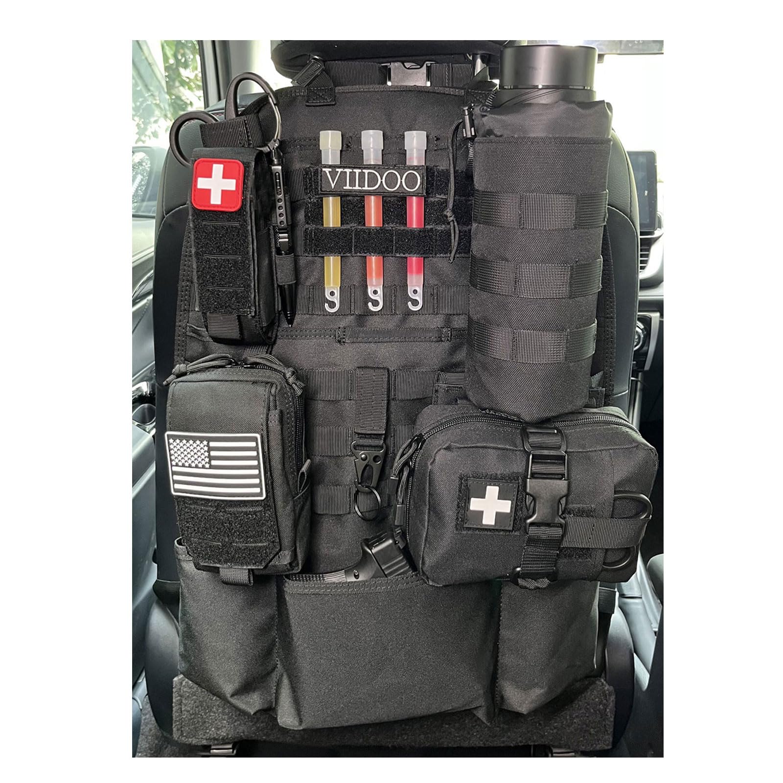 Molle - Organizador de asiento de coche táctico con bolsas Molle para el asiento del coche, protector para asiento de coche, color negro
