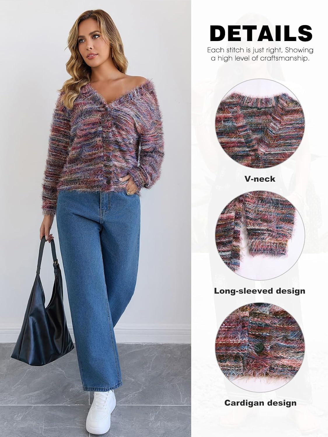 QIANXIZHAN Women's Fuzzy Cardigan, V Neck Knit Button Cardigans Fall Outfits for Women 2025 - Image 4