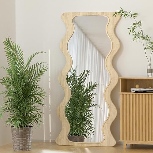 Miniatura 10 de Espejo ondulado de 65 x 24 pulgadas, espejo de longitud completa con marco de madera, espejo de piso, espejo de pared irregular, para colgar o