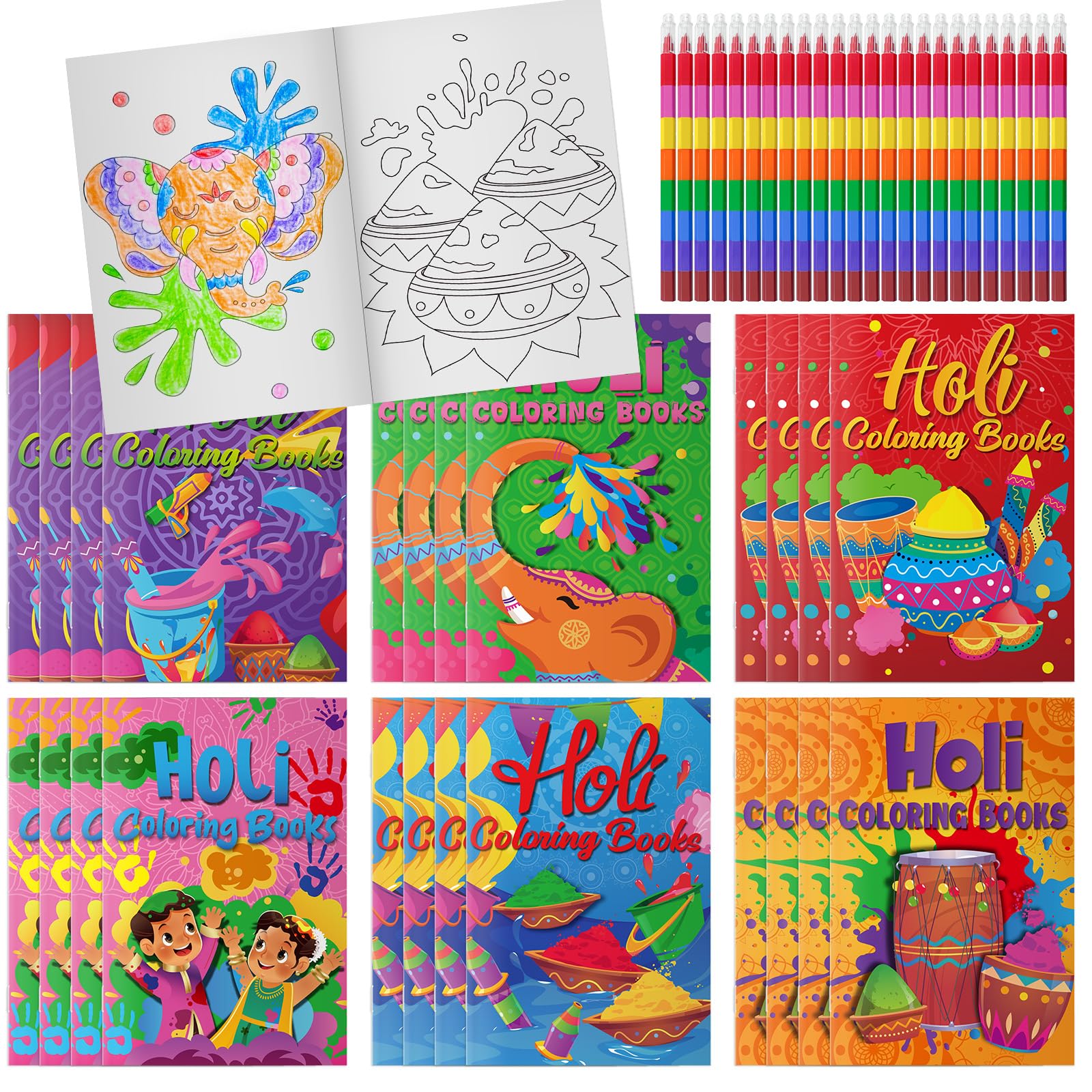 Cinrobiye Holi-Malbücher, Großpackung zum Selbermachen, Mini-Happy Holi-Kunst-Zeichenset mit stapelbaren Buntstiften für Festivals, indische Geburtstagspartys, Geschenke, Geschenktütenfüller, Schule