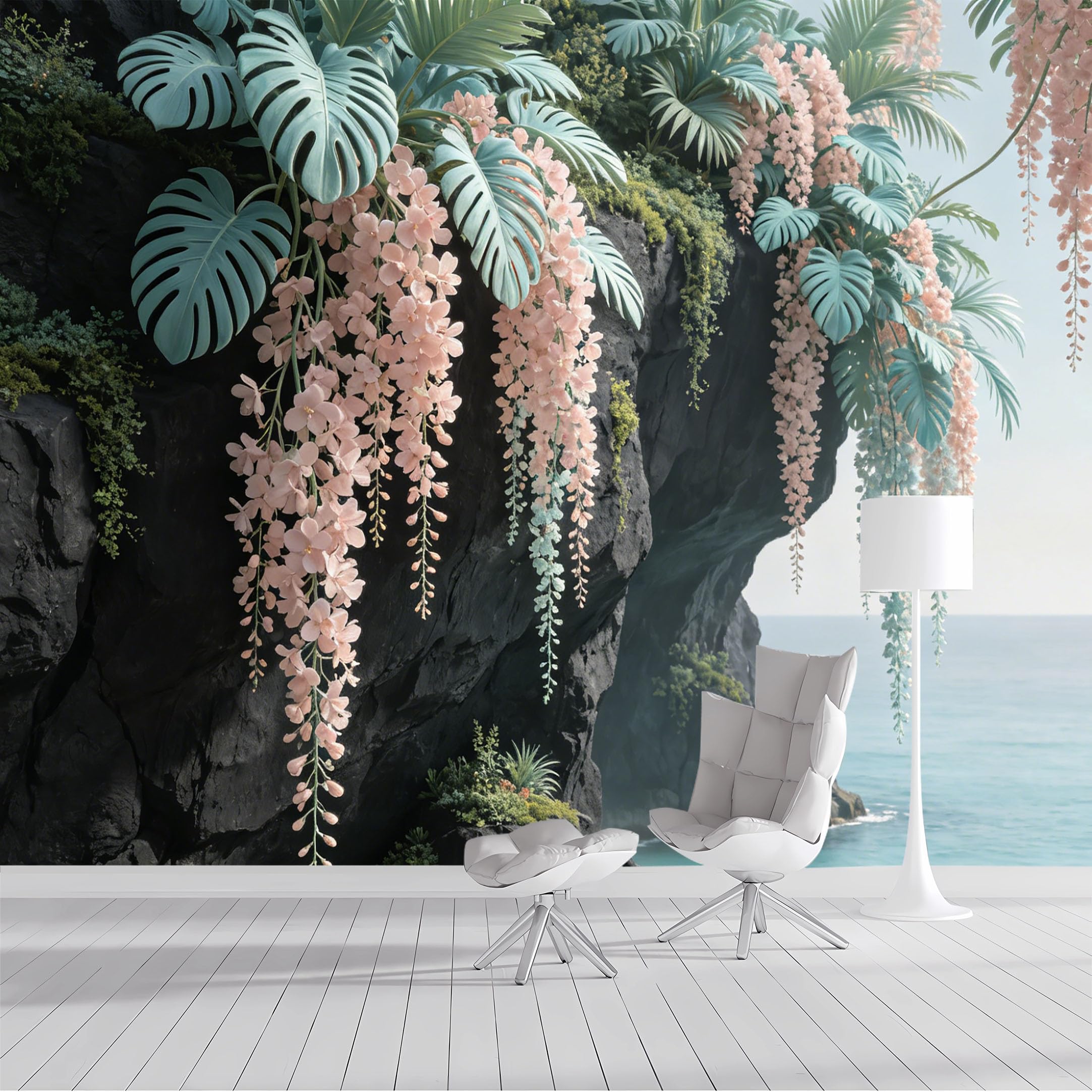 Custom Size Wall Mural Tropical Coastal Cliff Floral Seascape Watercolor SelfAdhesive Wall Fabric Removable Peel and Stick Wallpaper Wall Decor for Living Room Bedroom Bathroom