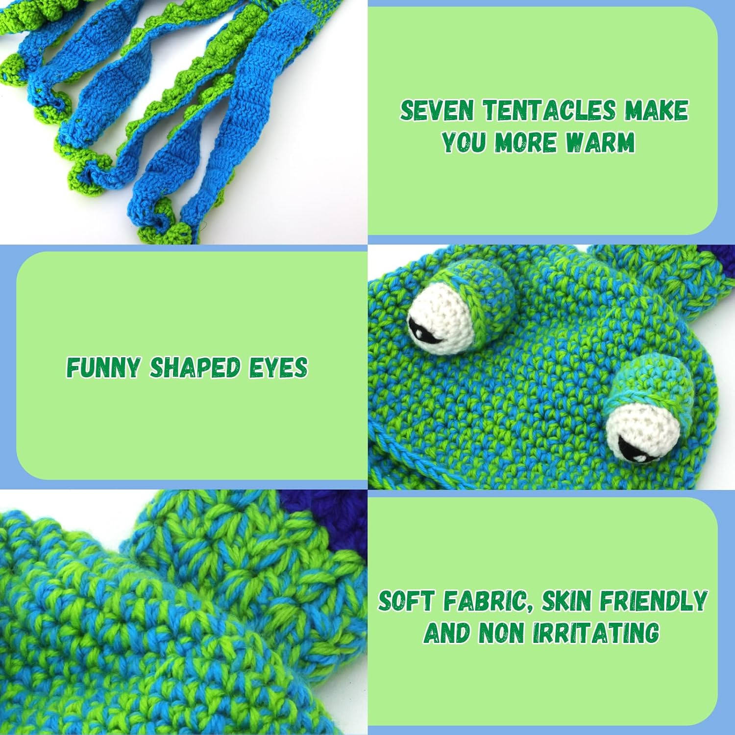 Knitted Winter Hat Squid Knit Beanie Novelty Octopus Hat Crochet Hats for Women & Men, Hand Knitted Beanies Hat Soft and Warm Winter Beanies Green - Image 3