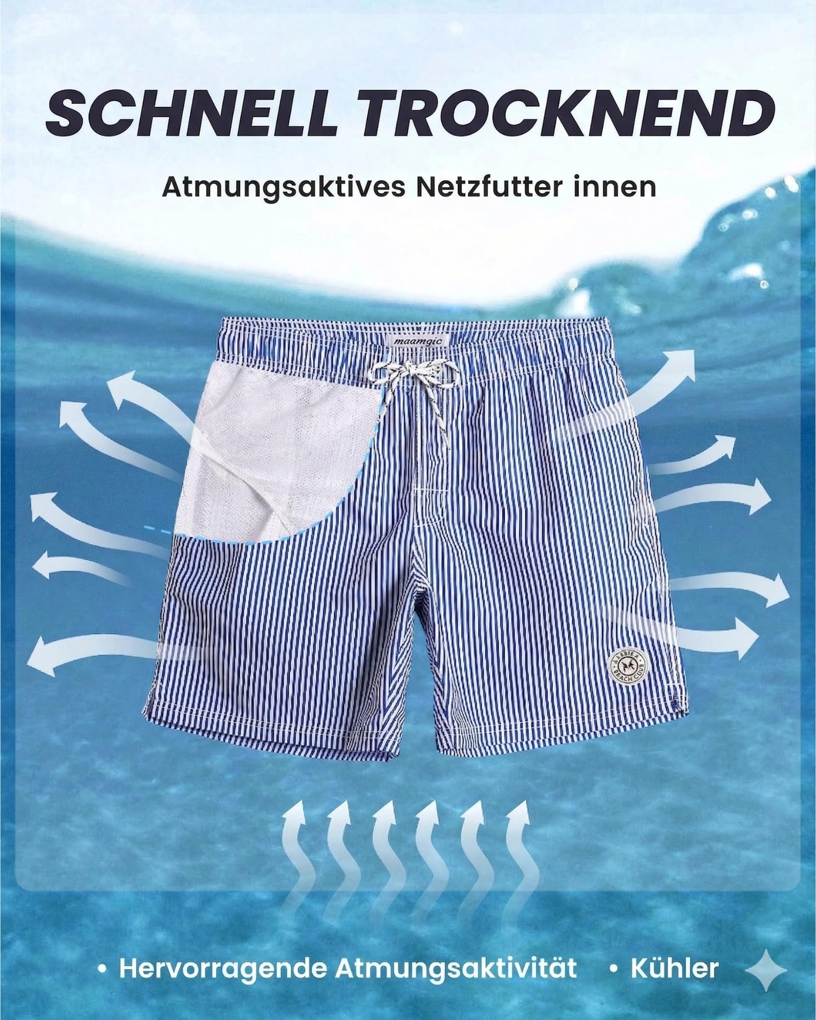 MaaMgic Badehose Herren Badeshorts Männer 18cm Innenlänge Badehosen Für Herren Schnelltrocknend Boardshorts Surfen Strandhose Mit Mesh-Futter Blau Gestreift S