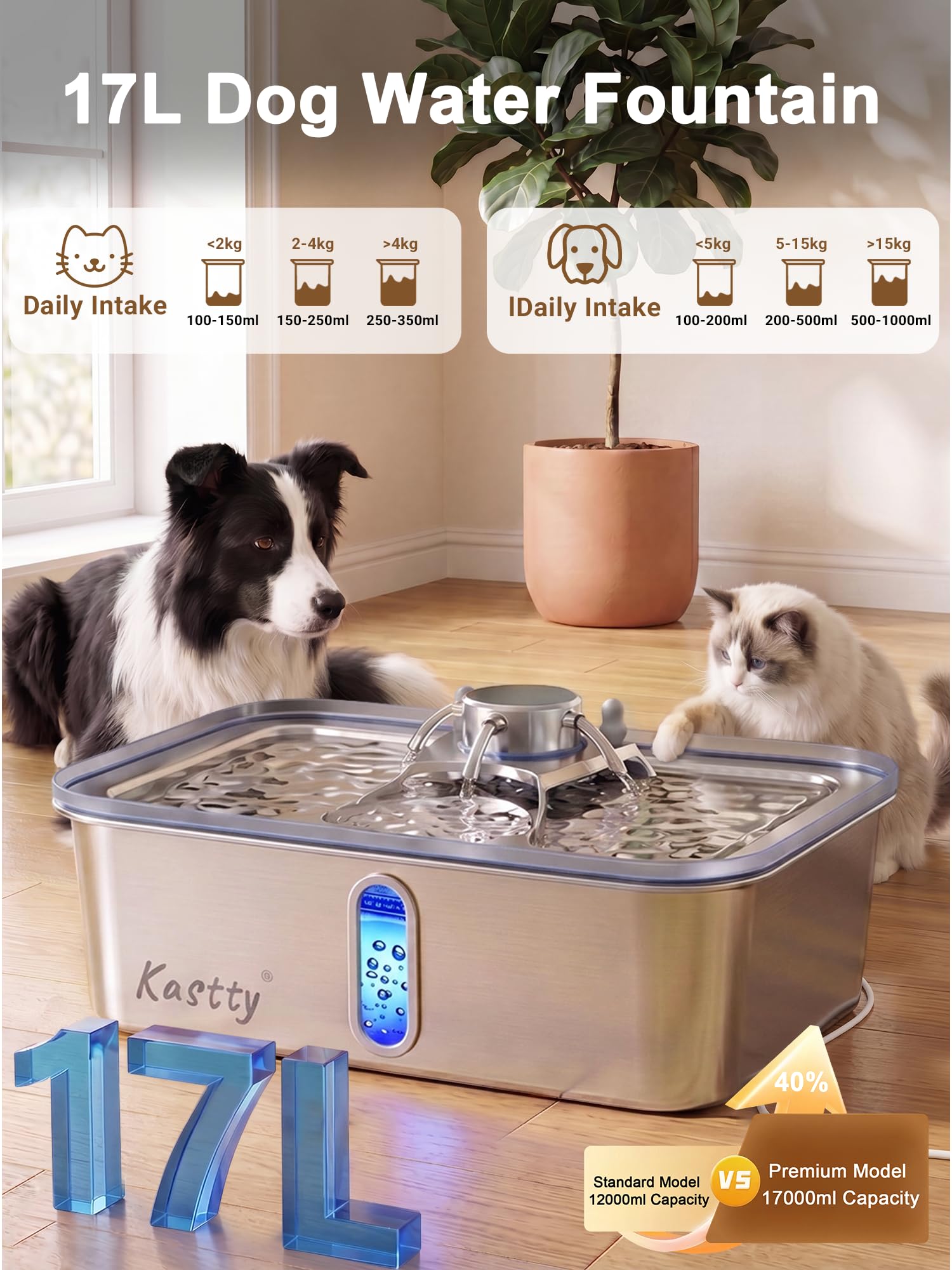Kastty Fontaine à eau pour chien de 17 L, grande capacité en acier inoxydable, distributeur automatique silencieux avec lumière LED, facile à nettoyer pour grands chiens et animaux multiples FS84