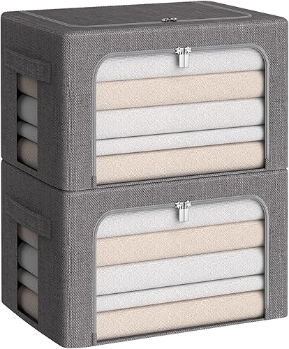 Miniatura 9 de Caja de almacenamiento de ropa, juego organizador plegable de tela de lino con ventana transparente, asas de transporte y marco de metal (negro,