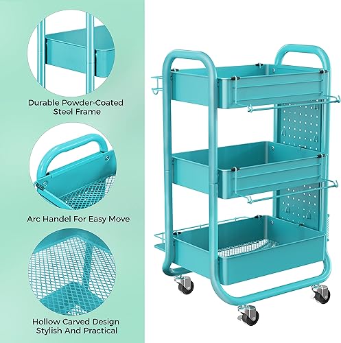 Miniatura 8 de DESIGNA Carrito de almacenamiento de 3 niveles con tablero de clavijas extraíble y ganchos de cestas de almacenamiento adicionales, carritos de arte
