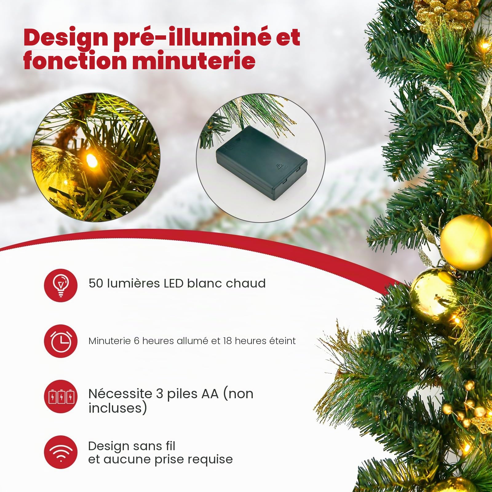 KOMFOTTEU Guirlande de Noël LED 270cm pour escaliers et cheminées | Couronne de Sapin Artificiel avec Baies Rouges et Pommes de pin, décoration de Noël pour escaliers et cheminées (Vert)