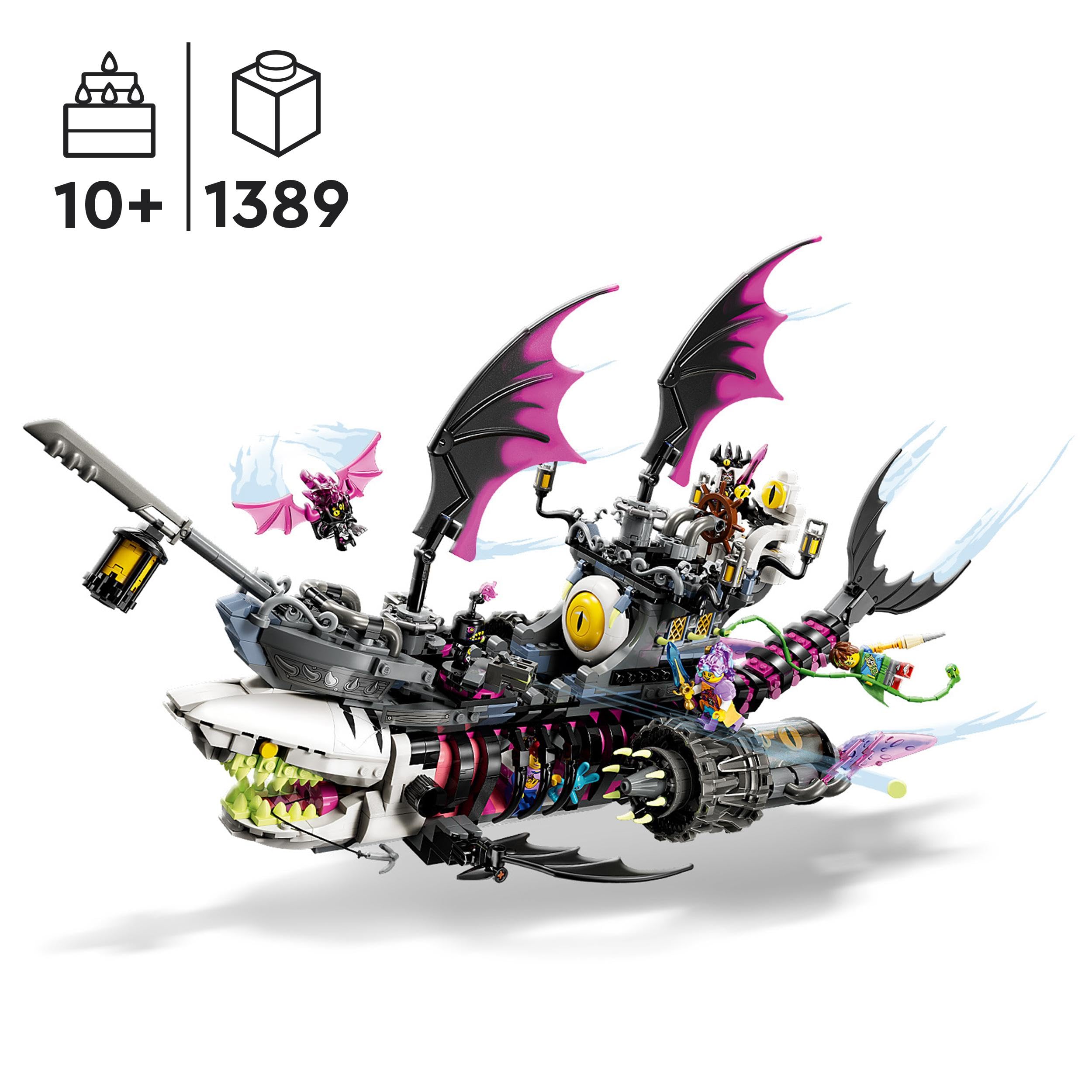 LEGO DREAMZzz 2 in 1 Nave-Squalo Nightmare, Nave Pirata Giocattolo da Costruire in 2 Modi, Giochi per Bambini e Bambine, Barca dei Sogni con Minifigure di Mateo, Izzie, Nova e del Re dell'Incubo 71469