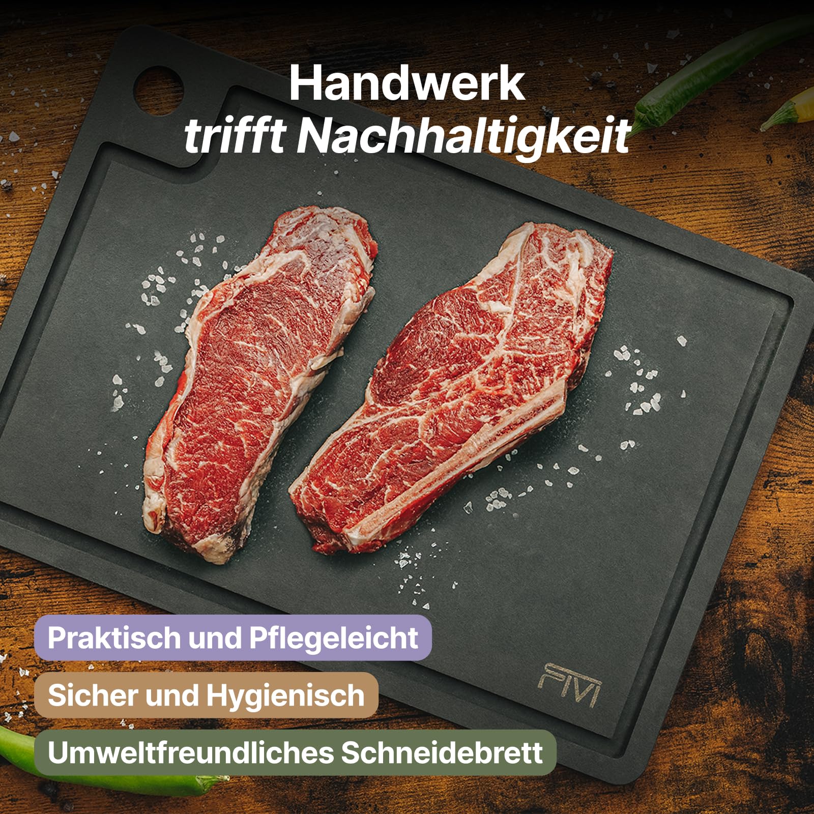 FIVI Schneidebrett HAGEN 25 x 35 cm | Ökologisch & antibakteriell | Mit Saftrinne | Spülmaschinenfest | Praktisches Design | Hygienisch & messerschonend | Messerfreundlich & robust