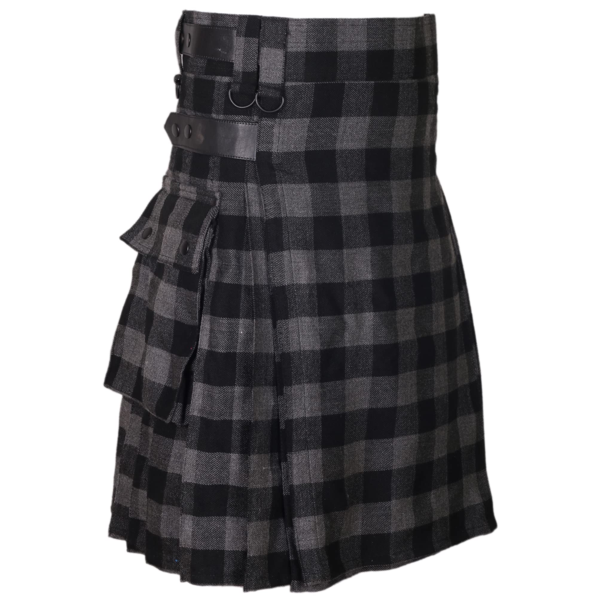 Men's Kilt in Buffalo Grey/Black Tartan Leather Straps 16OZ Acrylic Wool Utility Kilts