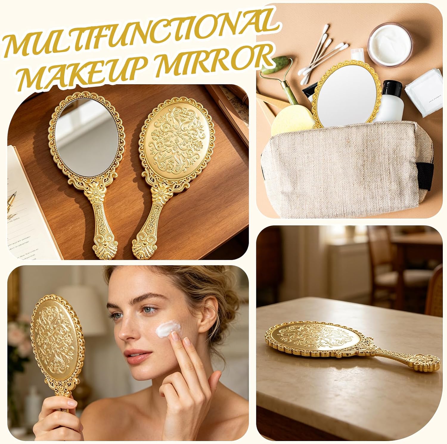 100 Pack Vintage Handheld Mirrors for Makeup, Gold Embossed Floral Portable Princess Mirror, Antique Make Up Mirrors Bulk Set for Women Girls Party Favors Salon Travel Decoration