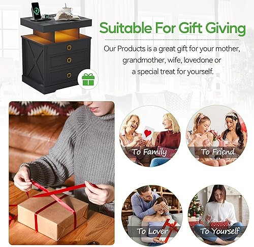 Miniatura 4 de HNEBC Mesita de noche RGB con estación de carga inalámbrica y puertos USB mesita de noche LED con inducción de cuerpo humano mesita de noche