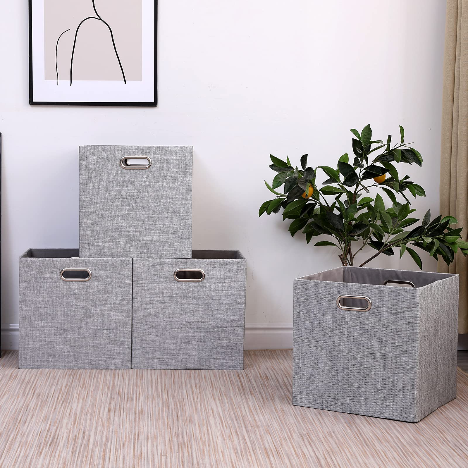 Fboxac Cube Storage Bins 13Ã—13 Linen Foldable Box with Handles, Collapsible Organization Basket Set of 4 Large Capacity Drawer for Closet Shelf Cabinet Bookcase Bedroom, Silver gray