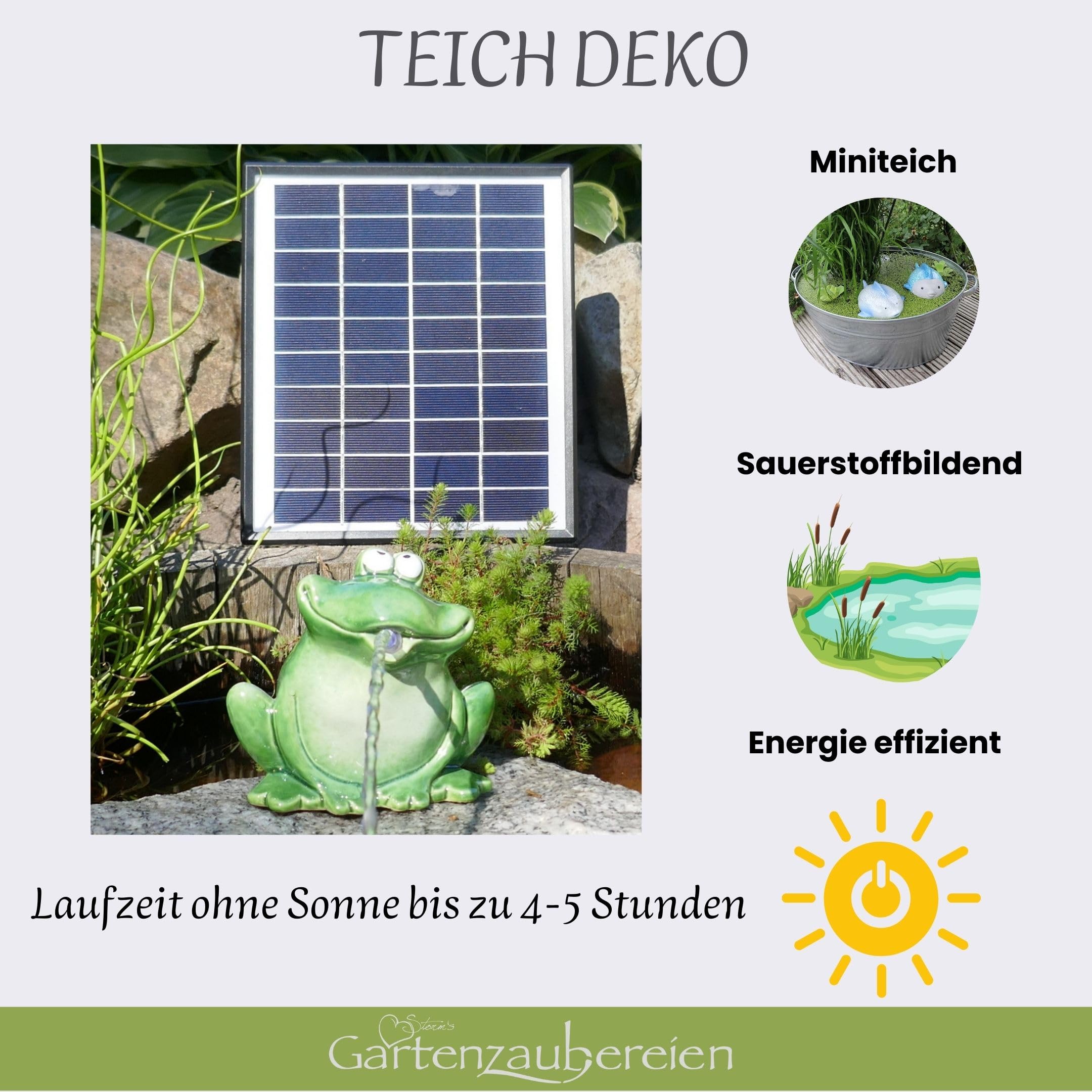 Wasserspeier Frosch mit Akku Solarpumpe 12cm aus Keramik Laufzeit ohne Sonne 4-5 Stunden