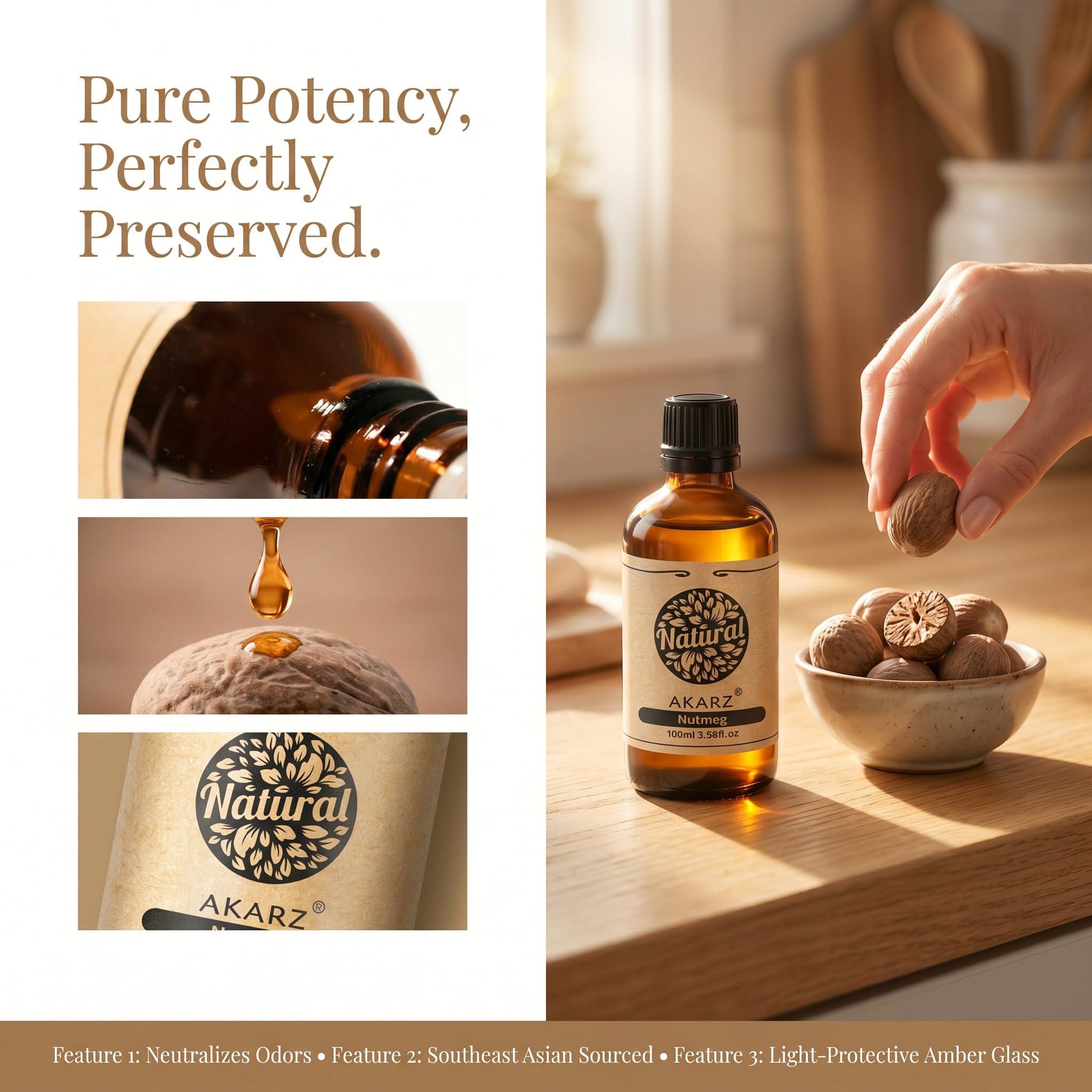 AKARZ 100ml Olejek esencjny z Gałki Muszkatołowej - Naturalny olejek aromatyczny do dyfuzorów, lamp aromatycznych i aromatów pomieszczeń