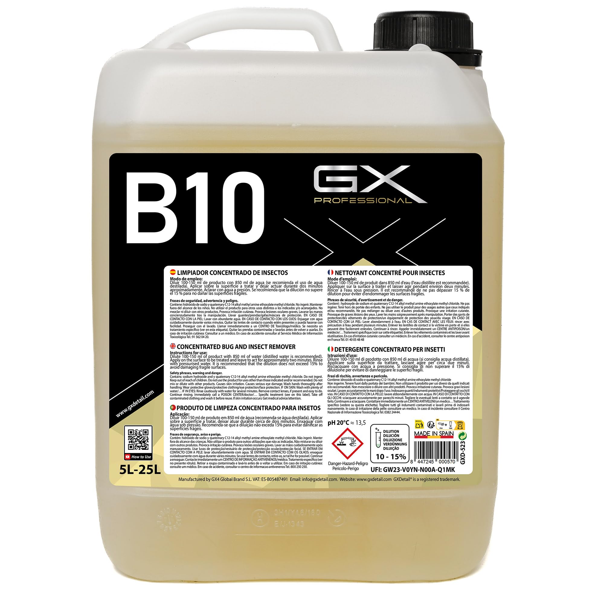 GxDetail Limpiador de Mosquitos e Insectos Concentrado 5 Litros para Coche – Dilución 10% - Elimina Suciedad Difícil en Parabrisas, Carrocería y Faros – Fórmula Potente y Segura – Fácil Aplicación