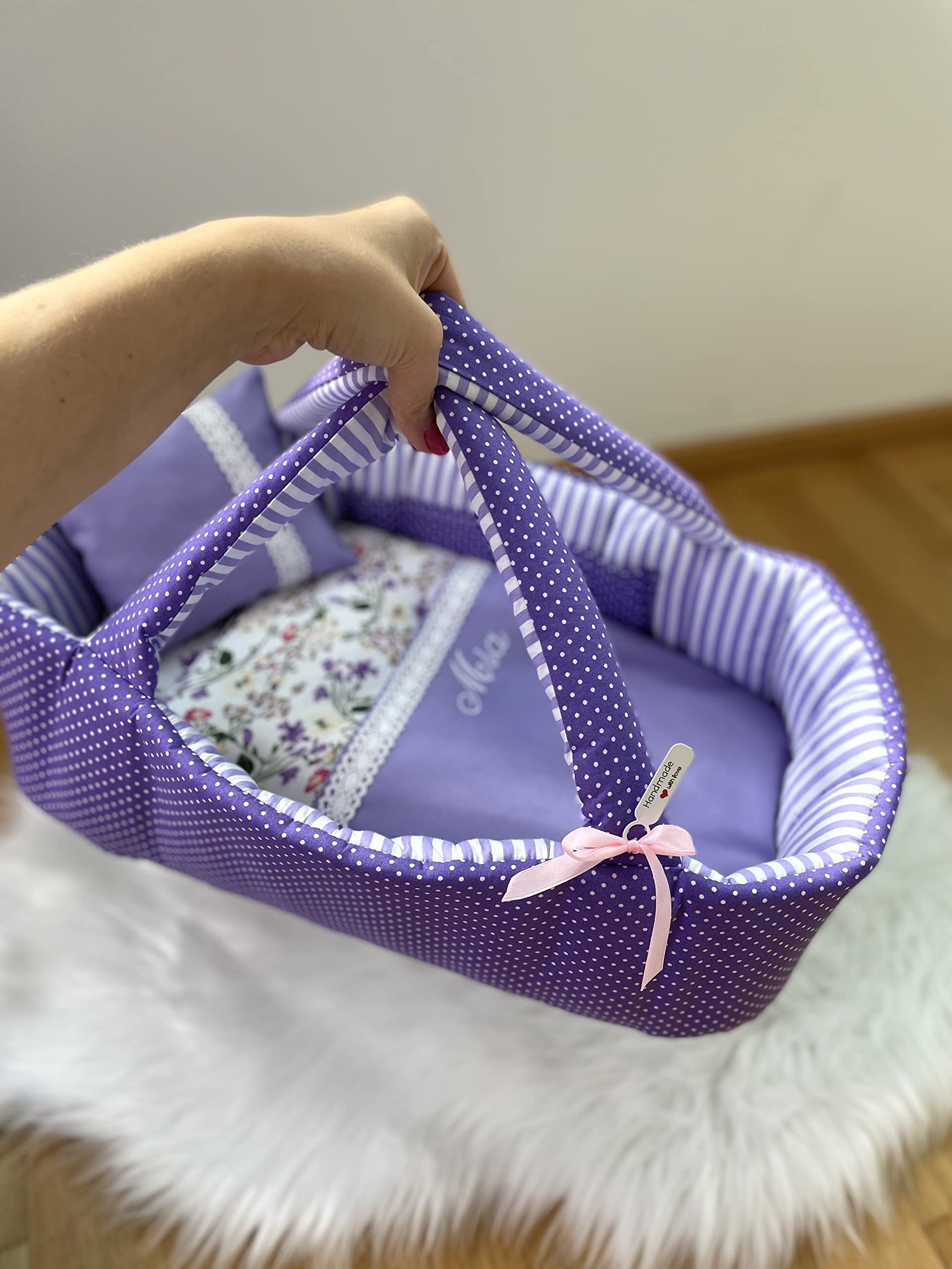 Puppentragetasche für Puppen 30-35cm mit Bettwäsche, Lila, Personalisierung, Waschbar