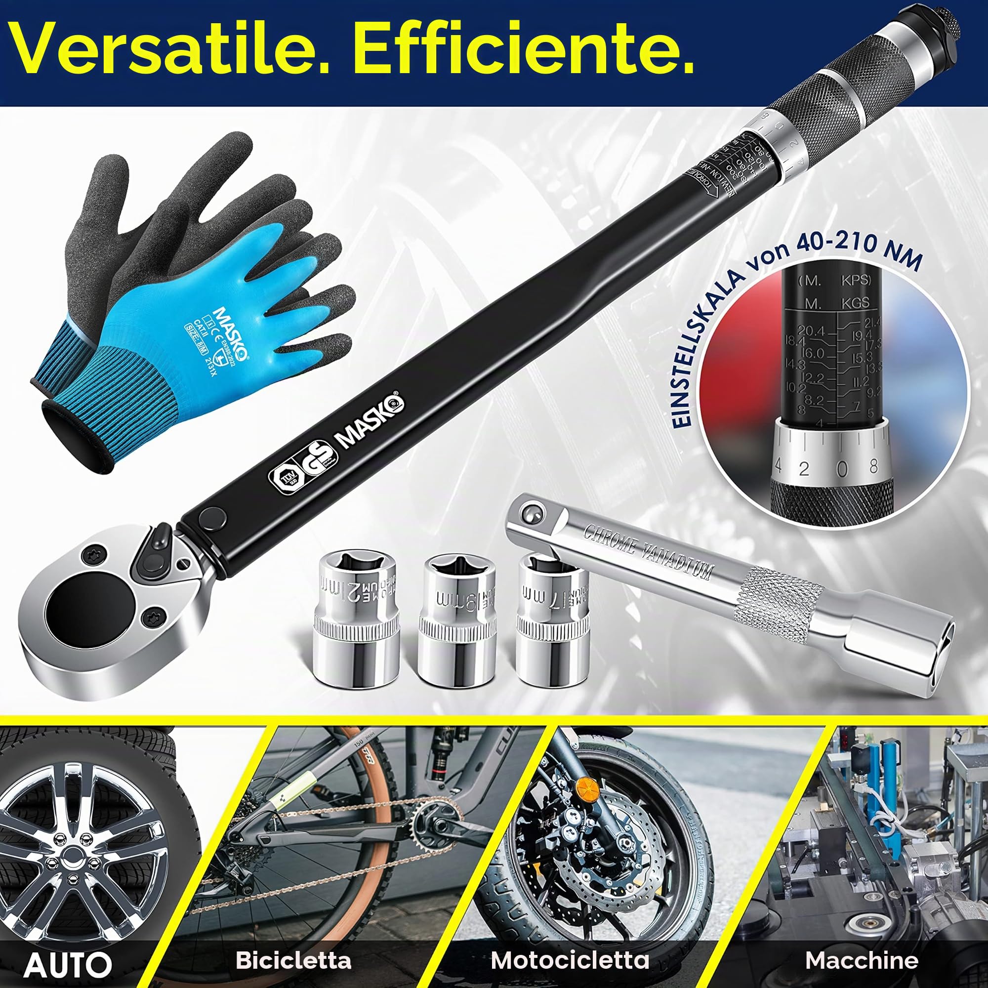 Masko® Chiave dinamometrica 6 pz. Set 40-210Nm 1/2 ' CV con 3 attacchi da 17 mm, 19 mm, 21 mm e prolunga da 125 mm con custodia +/- 4% di tolleranza chiave per pneumatici chiave dinamometrica