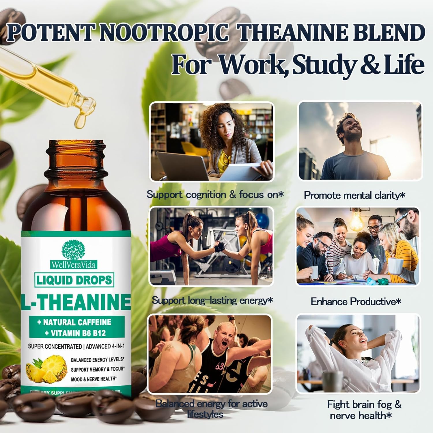 L Theanine Caffeine Liquid Drops, High Potency L-Theanine 100mg w. Caffeine Vitamin B12 B6, Natural Nootropic Brain for Smooth Energy Focus Alertness, 6X Stronger Than Pills Powder Gum - Image 3
