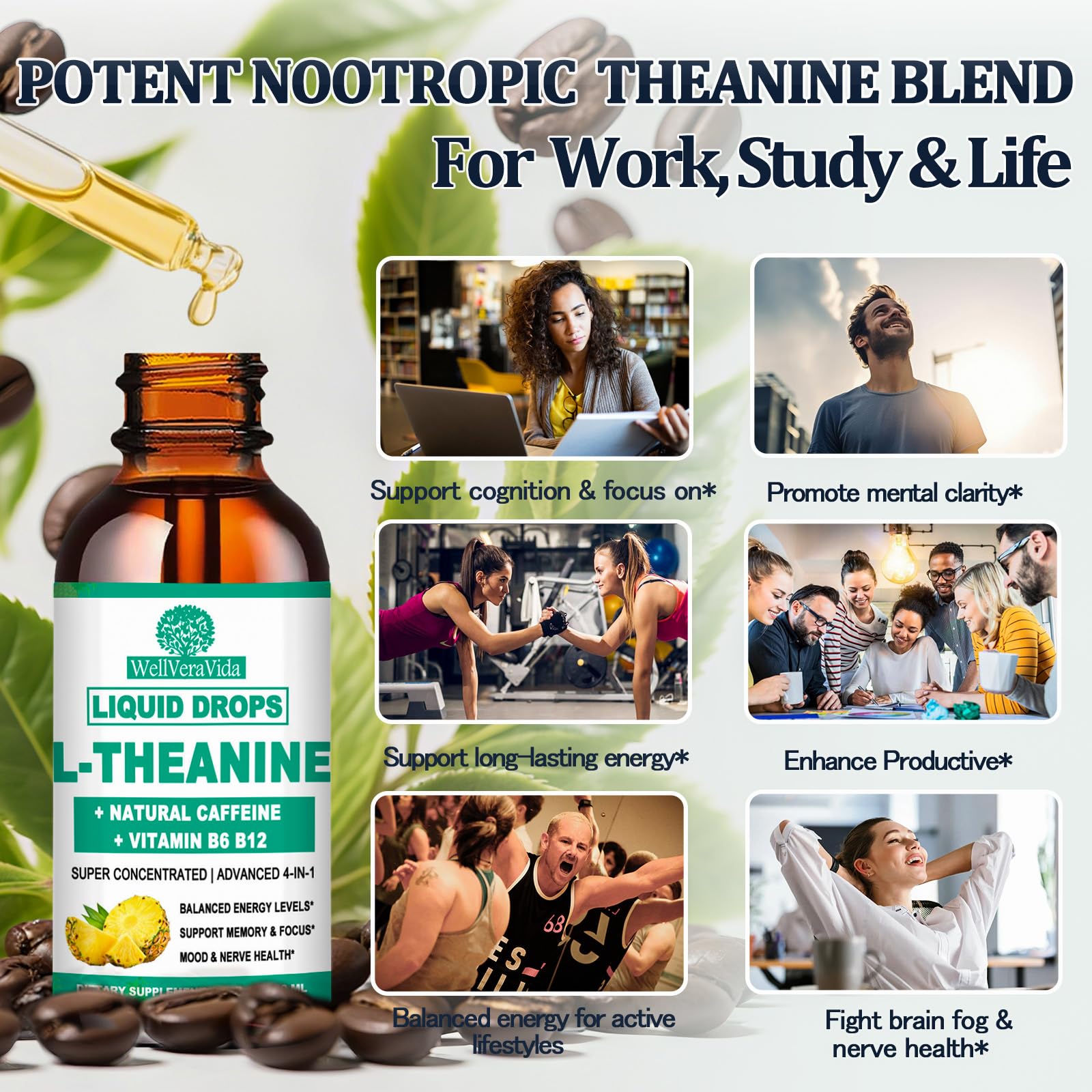 WellVeraVida L Theanine Caffeine Liquid Drops, High Potency L-Theanine 100mg w. Caffeine Vitamin B12 B6, Natural Nootropic Brain for Smooth Energy Focus Alertness, 6X Stronger Than Pills Powder Gum — Amazon image 3