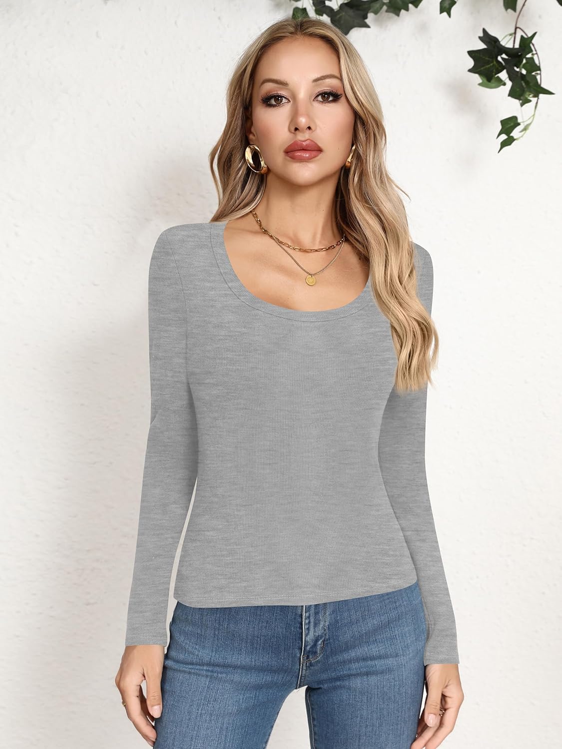 Laughido Women's Scoop Neck Long Sleeve Ribbed Knit Fleece Slim Fit Casual Basic T Shirt Crop Top 2025 Trendy Y2k Outfits - Image 5