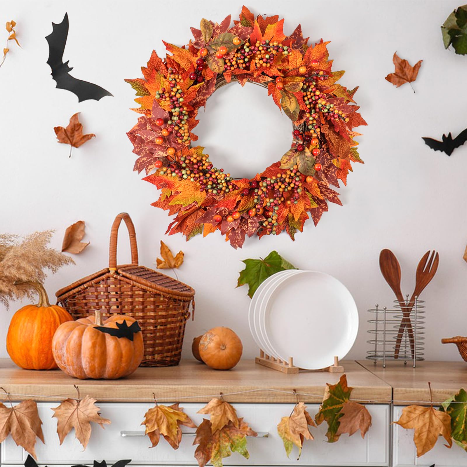 Weldomcor 50cm Groß TüRkranz Herbst, Herbstkranz Haustür mit Beeren Ahornblätter Herbstdeko für Innen Haustür Mantel Outdoor Türen Wand Bauernhof Garten Hochzeiten Parties Festival Dekor(Orange)