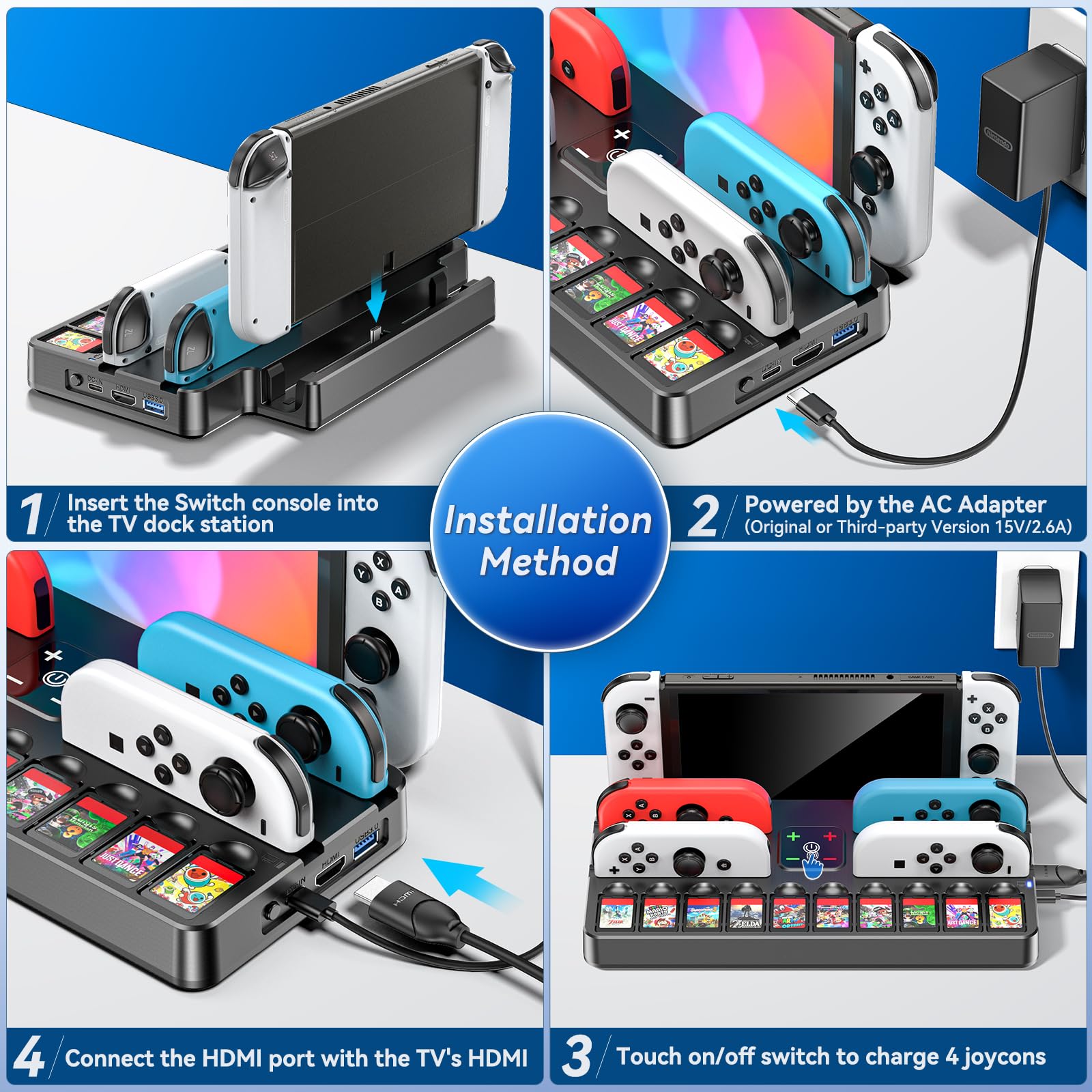 Kytok Switch TV Dock, Station d’Accueil pour Nintendo Switch et Switch OLED, Switch Dock de Charge Portable avec HDMI, Chargeur Switch et Accessoire Switch avec 10 Emplacements de Jeu, Blanc