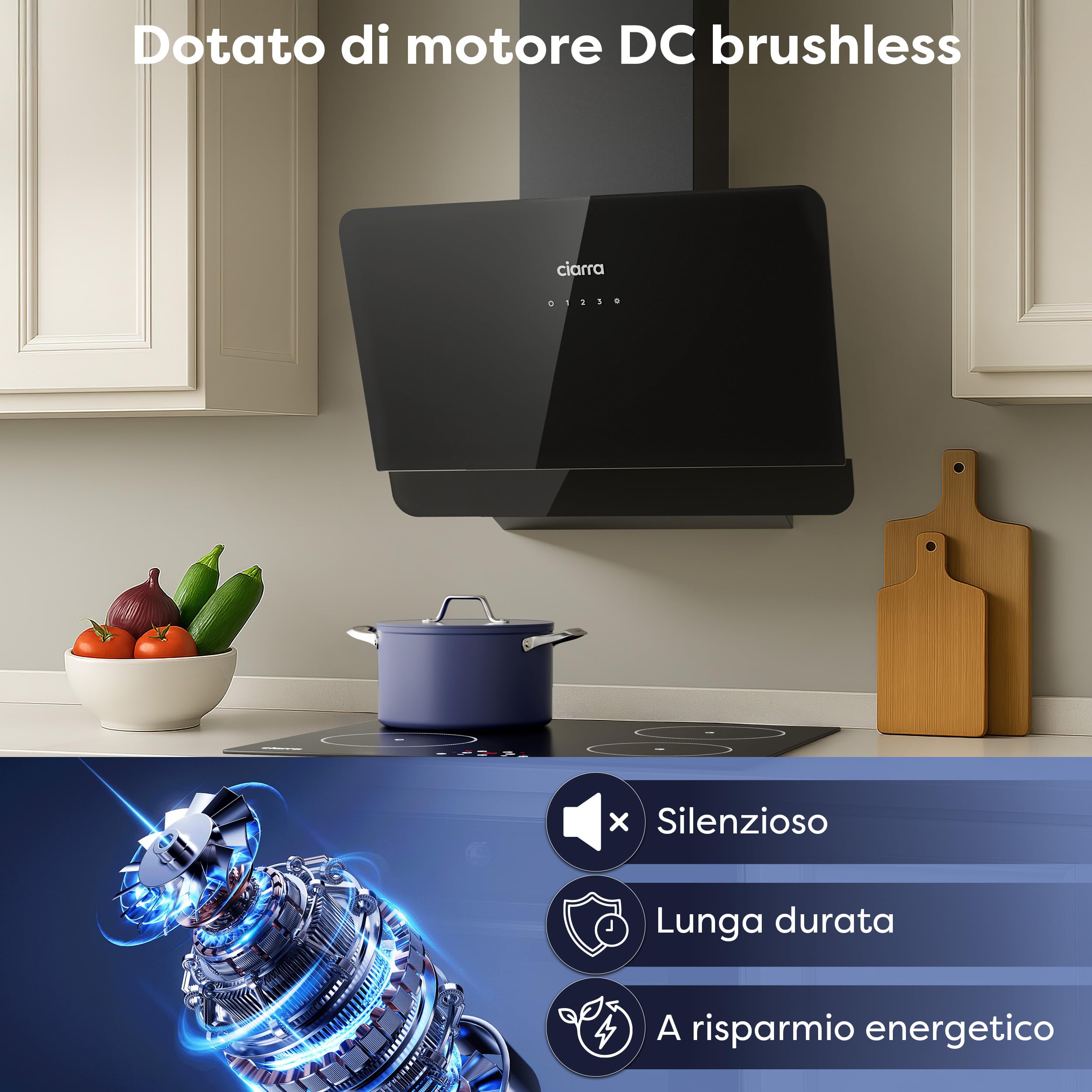 Ciarra CBCB6765C Cappa Aspirante 60cm - Classe A+ - 580m³/h - 3 Velocità - Filtri a Carbone CBCF055 Inclusi - Cappa Inclinata Scarico o Ricircolo - Nera