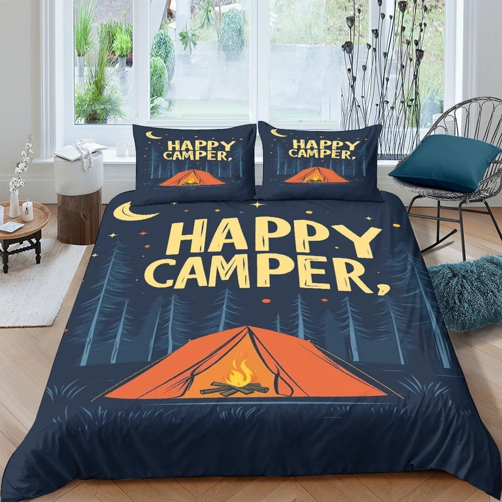 Ctjqhvkz Style-3 3D Printed Happy Camper Tent Night Fitted Sheet Microfiber Forest Bed Cover For Bedroom Guest Room Decor Washable Single（135X200cm）