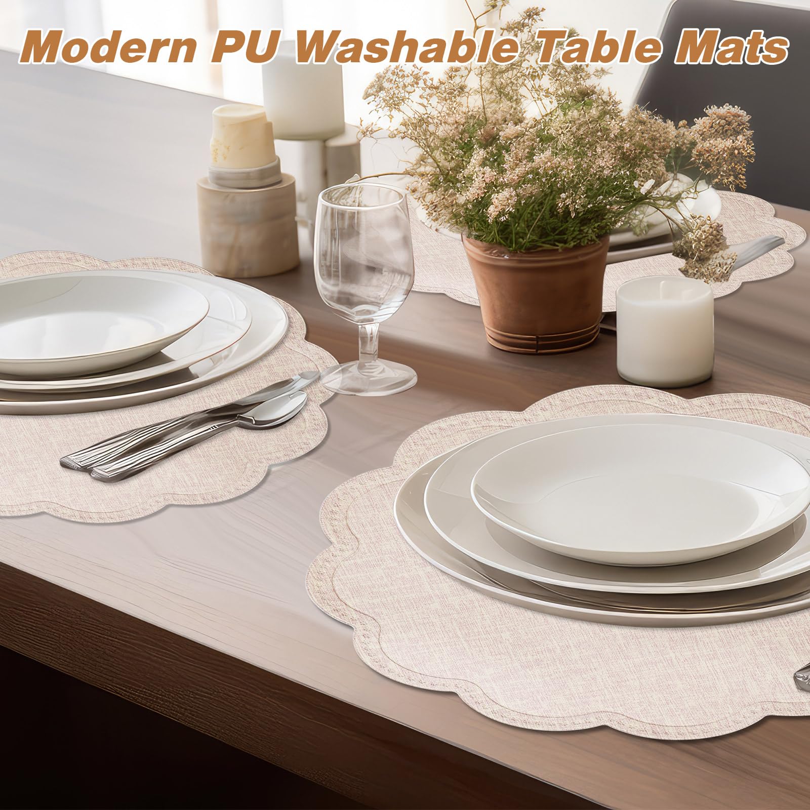 12 tovagliette rotonde a forma di fiore, impermeabili, in pelle PU, lavabili, antiscivolo, per cucina, tavolo da pranzo, decorazione (beige)