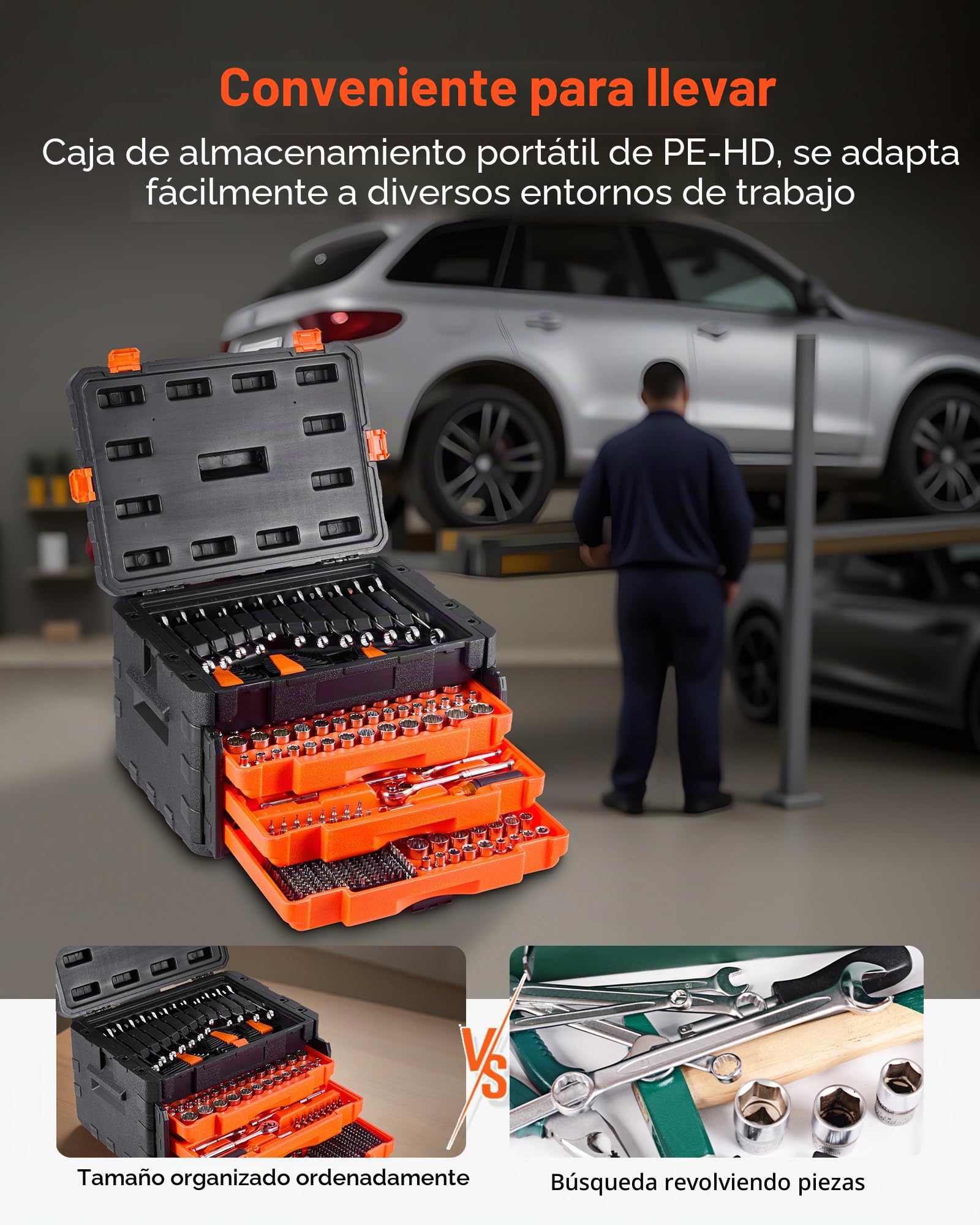 VEVOR 450 PCS Kit de Herramientas Mecánicas con Vasos Profundos y Estándar de 6,4/9,5/12,7 mm, Kit de Herramientas Mecánicas SAE Métricas con Puntas, Llaves, Accesorios y Estuche con Cajón Naranja