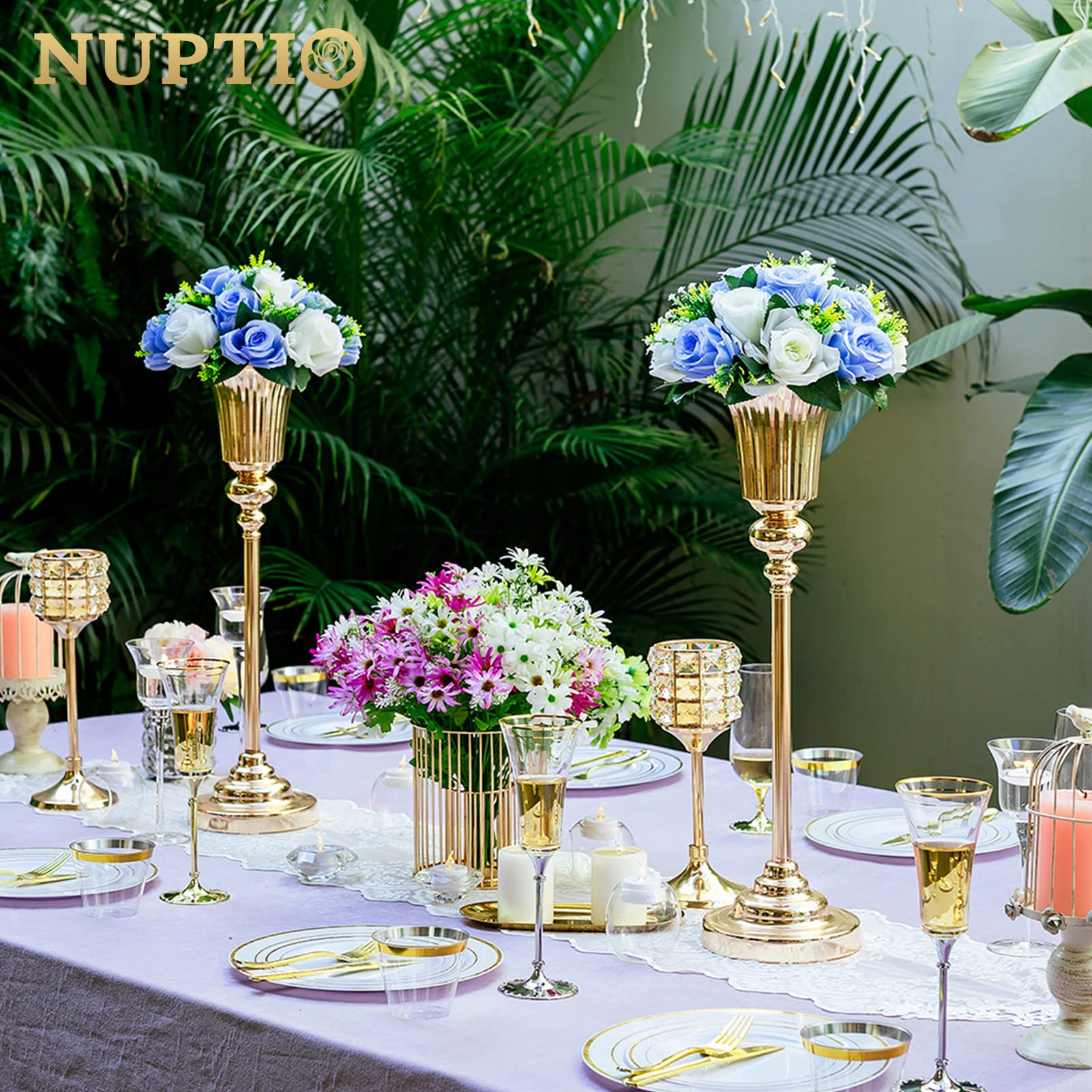 NUPTIO Gouden bloemenstandaard bruiloft tafeldecoratie: 2 stuks 50 cm hoge metalen vaas gouden kandelaar voor bruiloftsdecoratie verjaardag feest tafel tafelopzetstuk jubileum decoraties