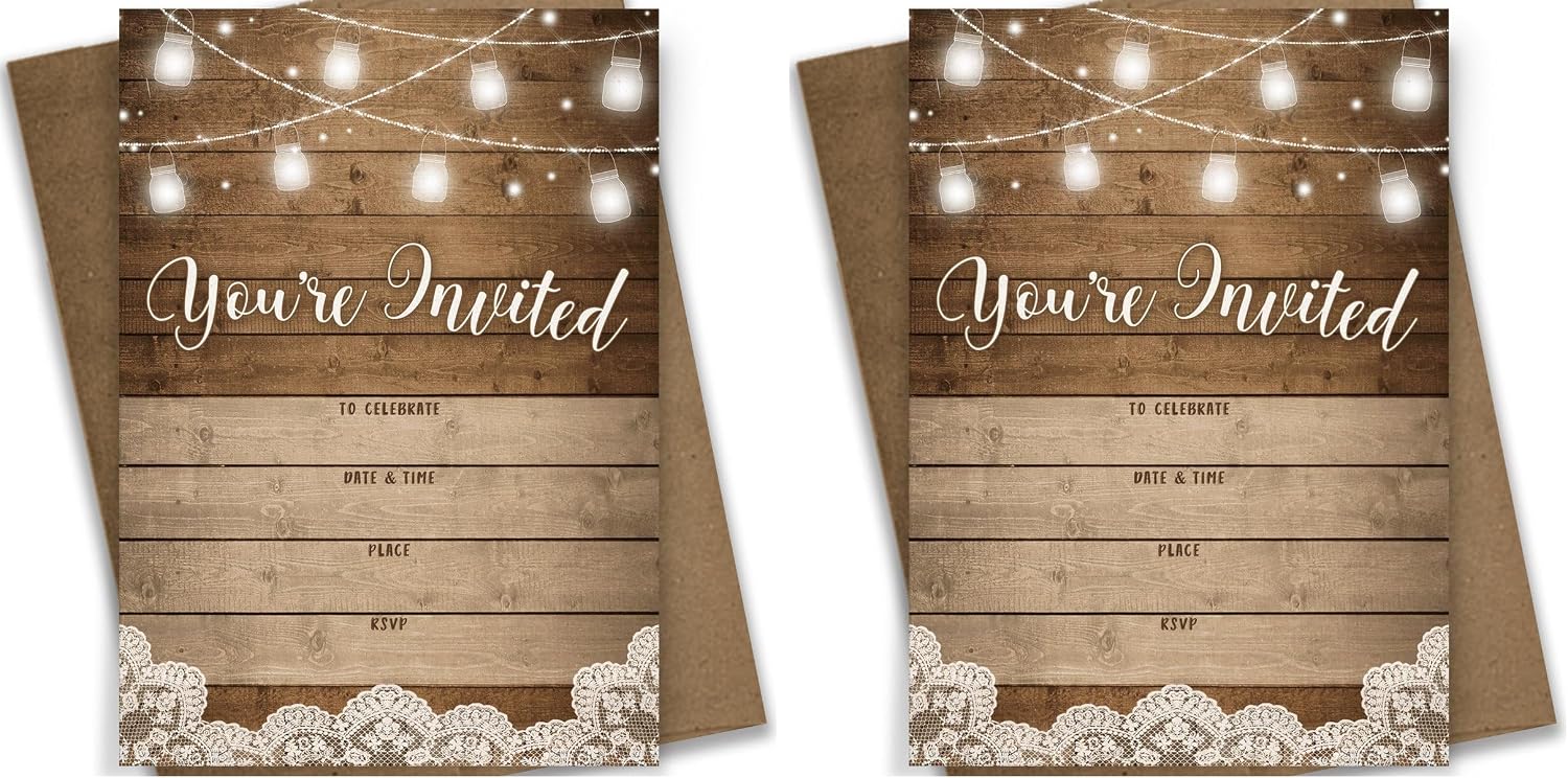Printed Party Fill-in Invitations and Envelopes, Rustic, Set of 25