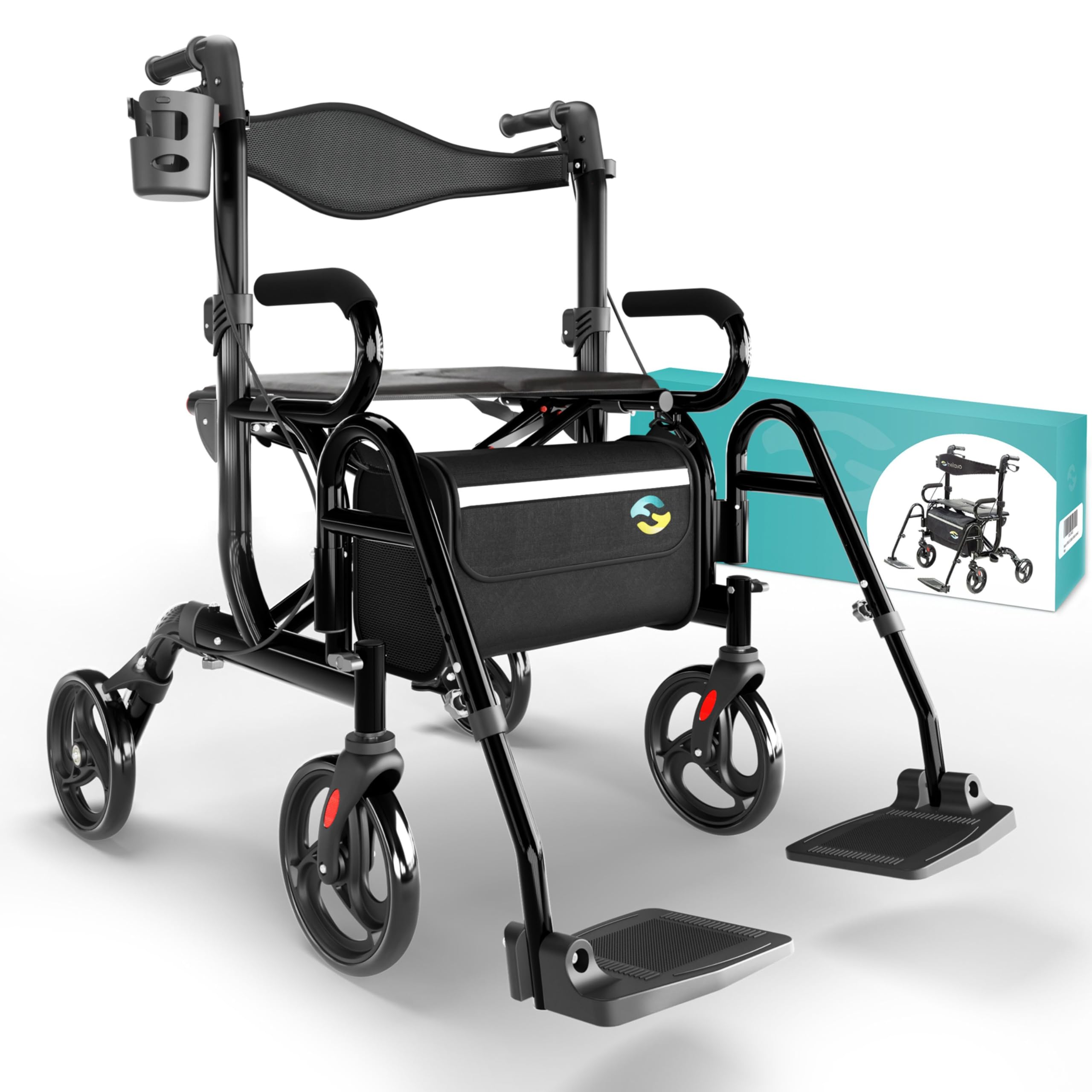 Helavo 2 en 1 andador y silla de ruedas en uno - Andador plegable con reposapiés - Convertible en silla de transporte