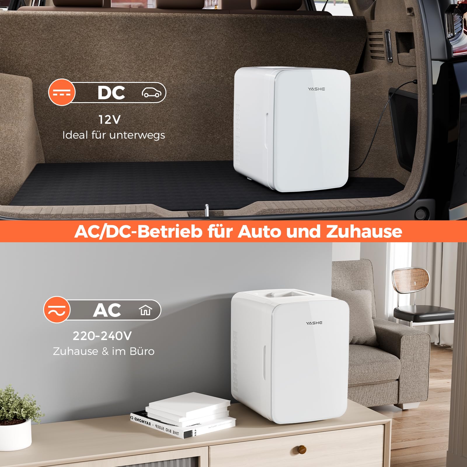 YASHE Mini-Kühlschrank 10L, kleiner Kühlschrank für 12 Dosen, AC/DC Thermoelektrischer Kühler und Wärmer, leiser Mini Kühlschrank für Hautpflege, Getränke, Schlafzimmer, Büro, Auto, Weiß