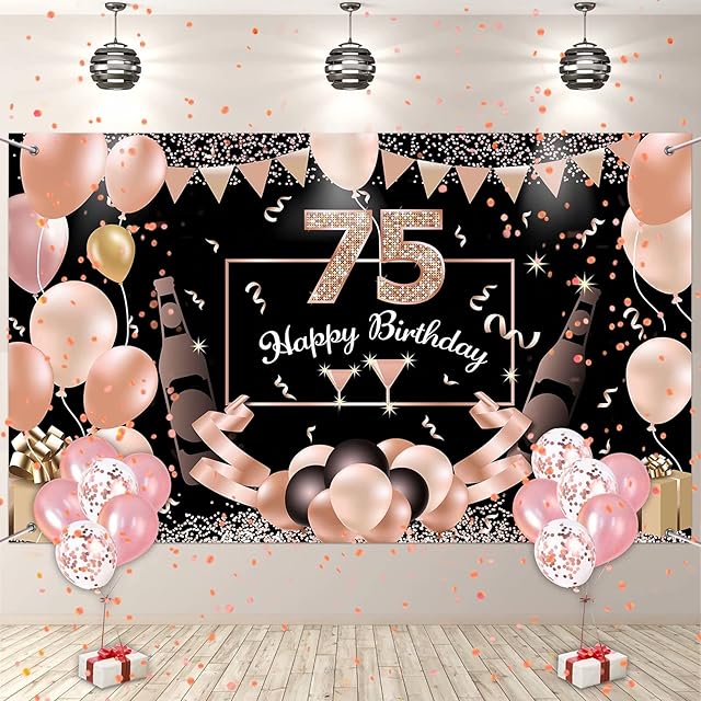 75th Birthday Banner, 75th Birthday Decorations Rose Gold, 75th Birthday Backdrop and Rose Gold Balloons, 75th Banners for Women, Large Birthday Sign Poster for Party Decoration Photobooth Props