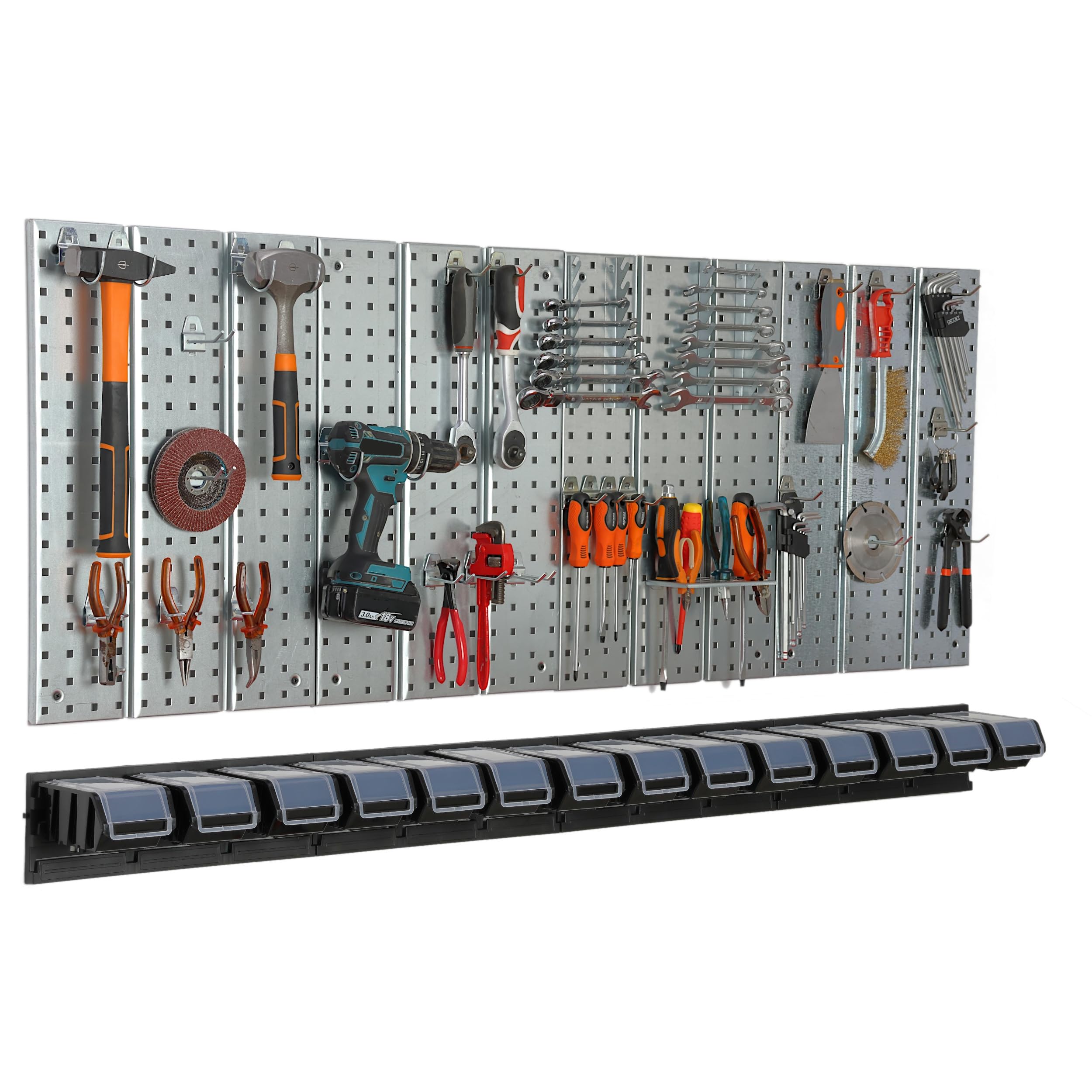 Panel de herramientas de metal 156 x 72 cm, sistema de almacenamiento con portaherramientas, ganchos para herramientas y 14 cajas apilables, 100 x 150 x 70 mm, color: negro, tablero perforado, taller,