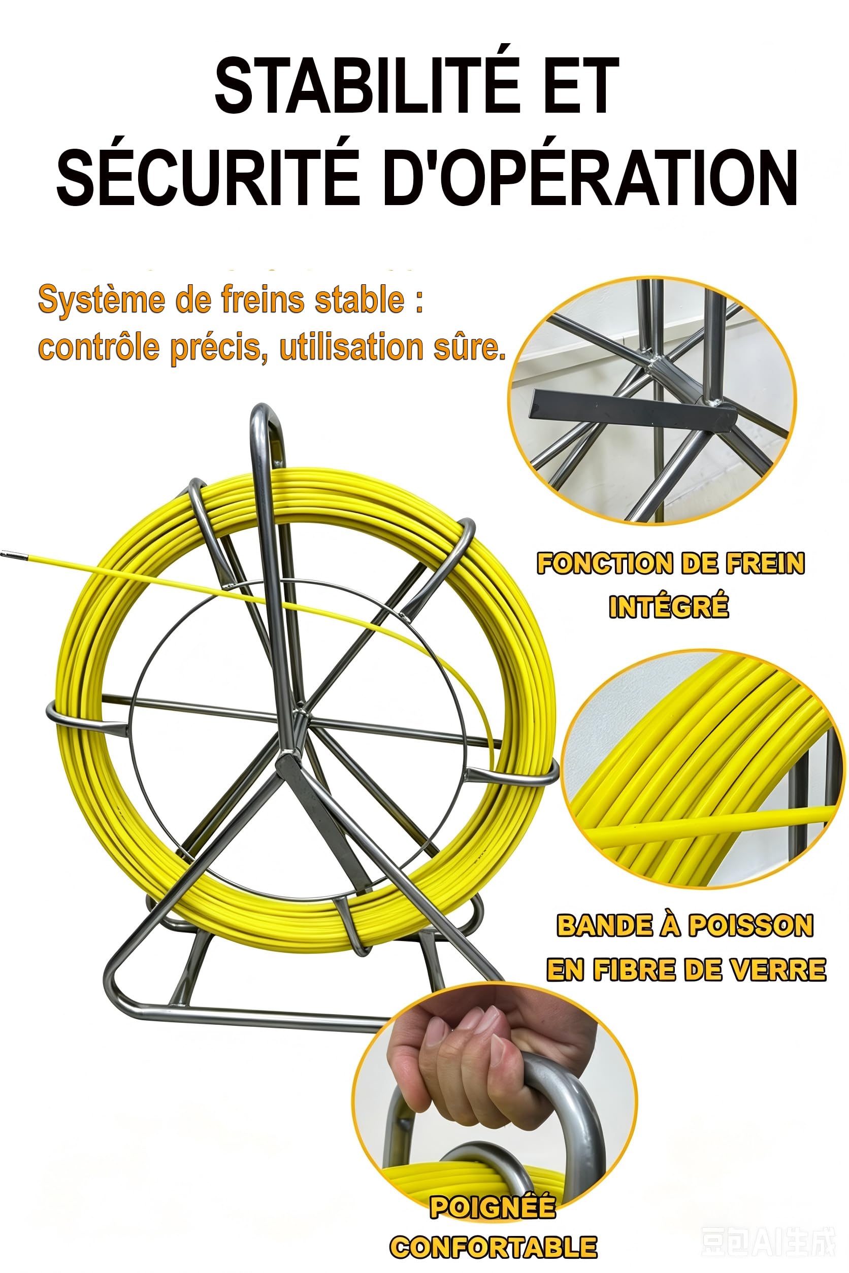 Ruban à Poisson Fibre de Verre 80M 6,35mm, Aiguille Électricien Tirage Câble, Extracteur avec Bobine Acier et Frein【80M】